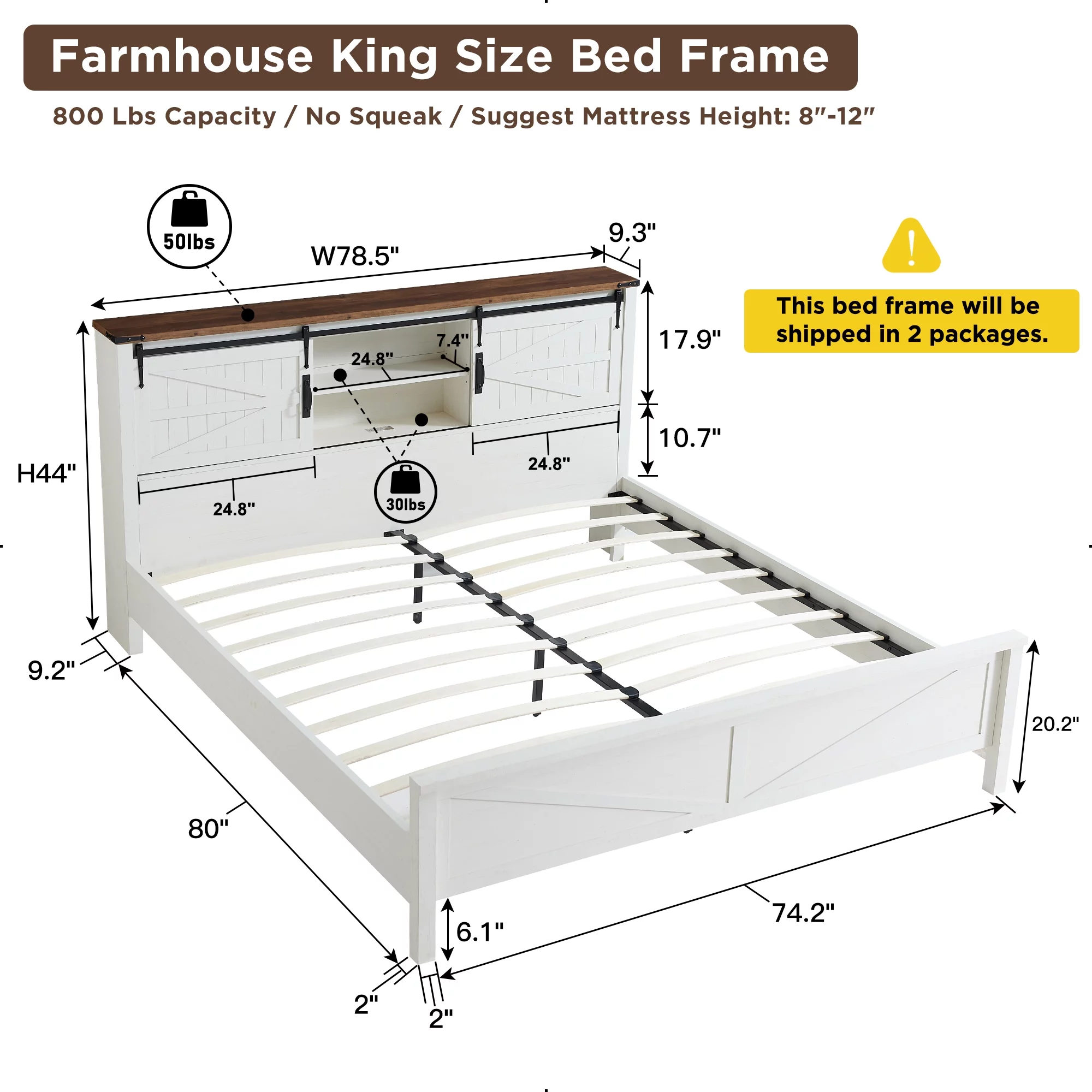OKD Farmhouse Full Bed Frame, Wood Platform Bed with Bookcase Storage Headboard and Charging Station, No Box Spring Needed, Light Rustic Oak - Womvr