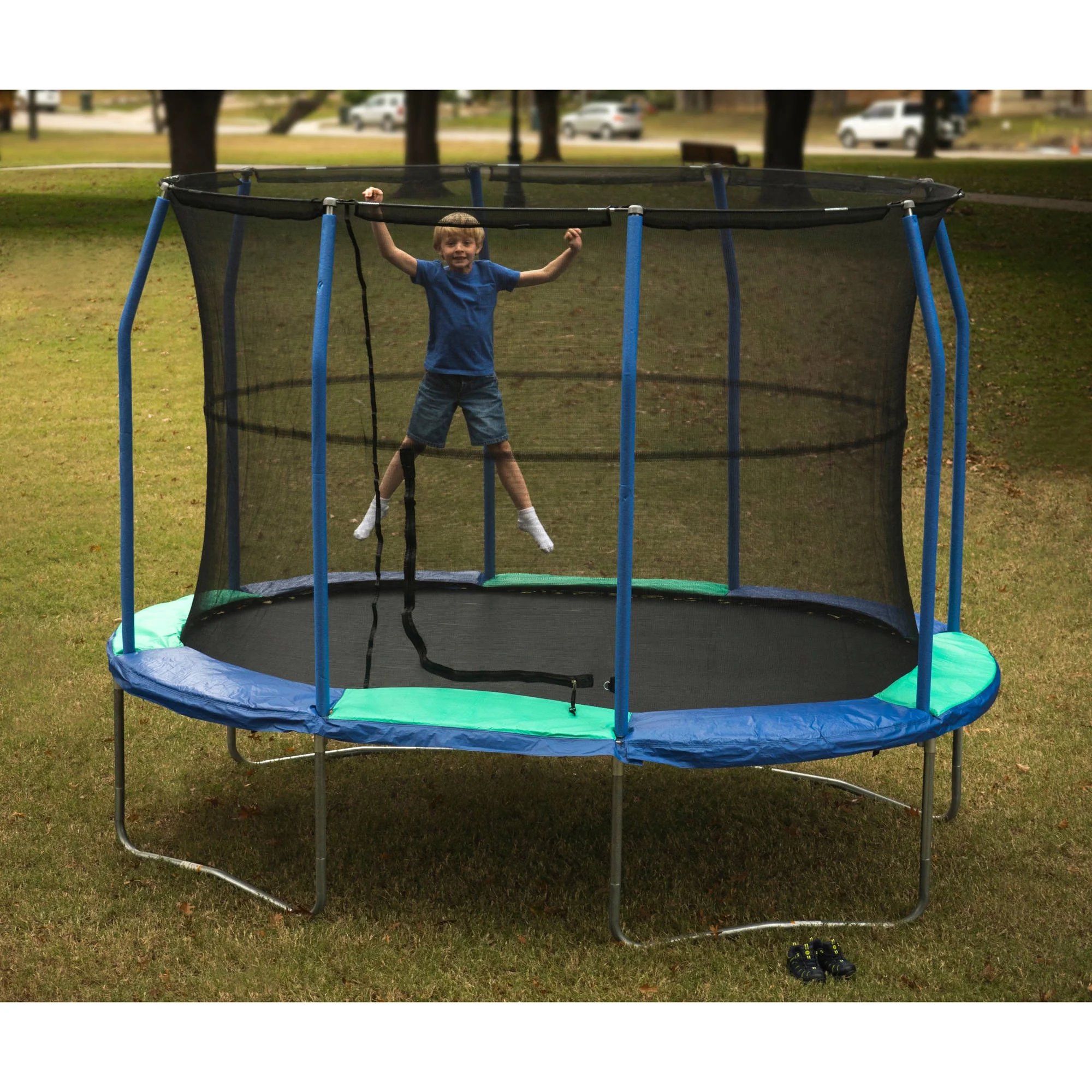 JumpKing Oval 8' x 11.5' Trampoline, with Enclosure, Blue/Green - Womvr