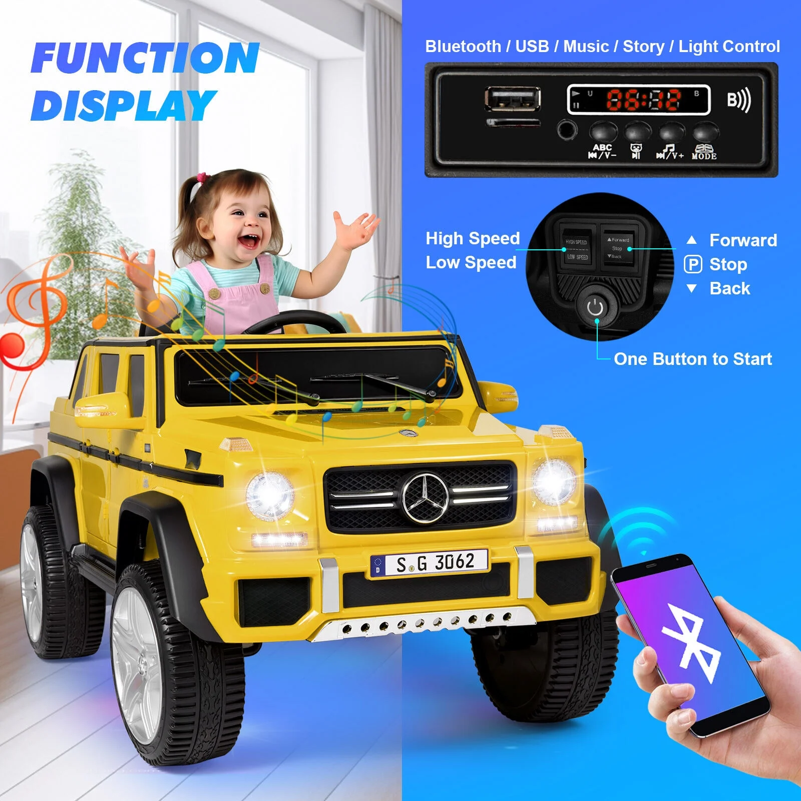 JOYLDIAS 12V Kids Ride on Car 3 Speeds Licensed Mercedes-Benz Electric Toy w/ Bluetooth, Remote Control, LED Lights (Pink) - Womvr