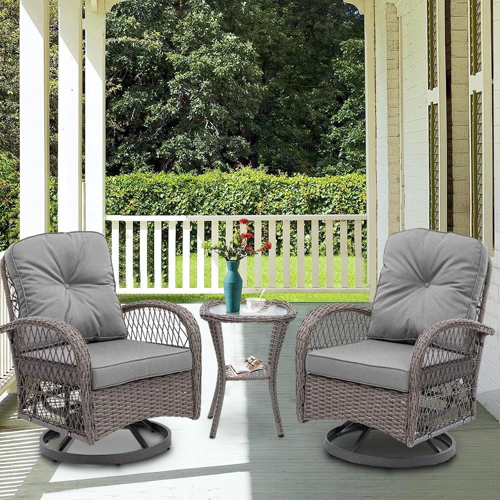 3 Piece Outdoor Bistro Swivel Chairs Set, Patio Bistro Set w/ 360° Swivel Rocking Chairs & Table, All-Weather Conversation Set with Metal Frame for Patio Backyard Porches or Garden - Khaki - Womvr