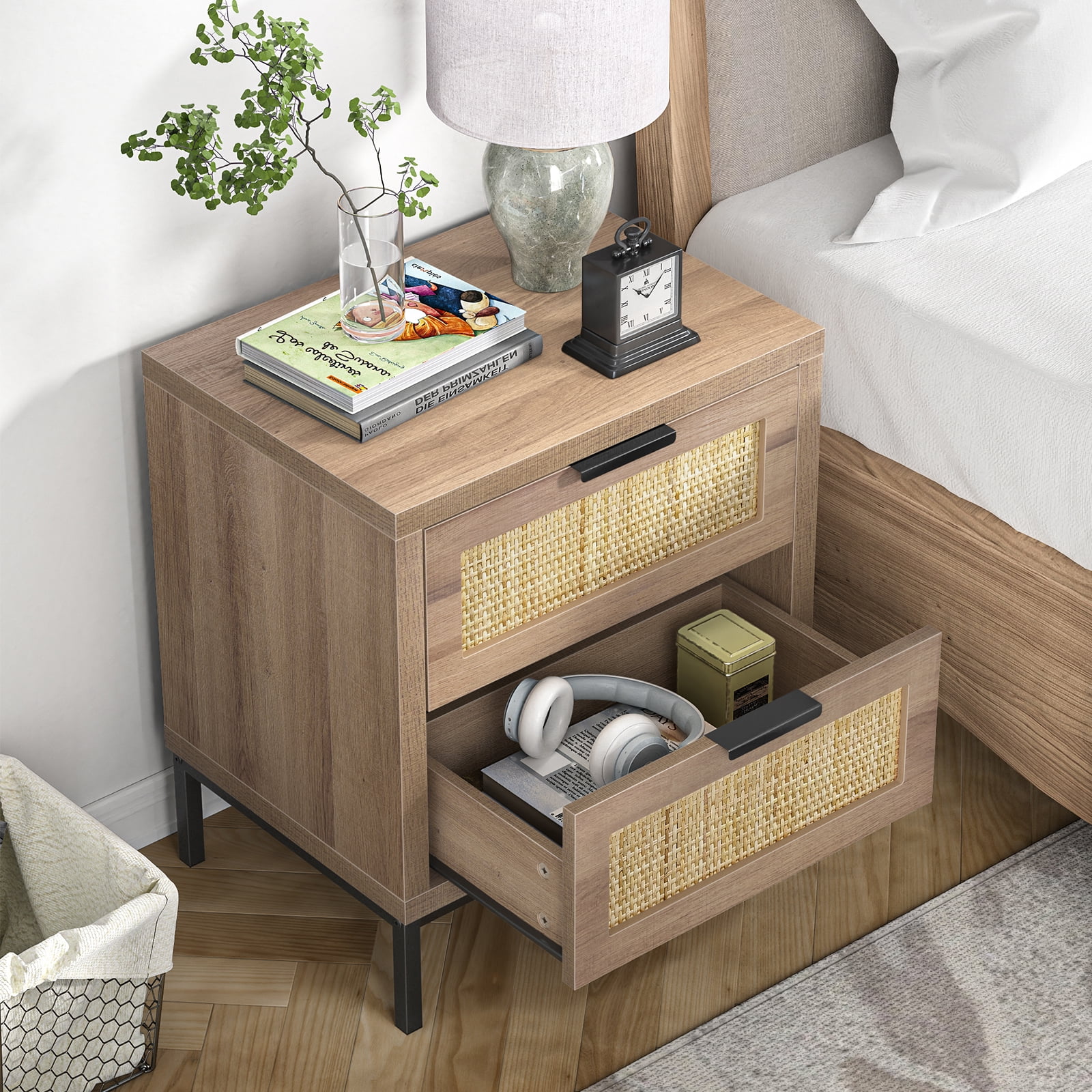 Eumyviv Modern Farmhouse Nightstands with 2 Rattan Drawer,Wood Bedside Table Storage Cabinet for Bedroom, Living Room,Natural Oak H0021 - Womvr