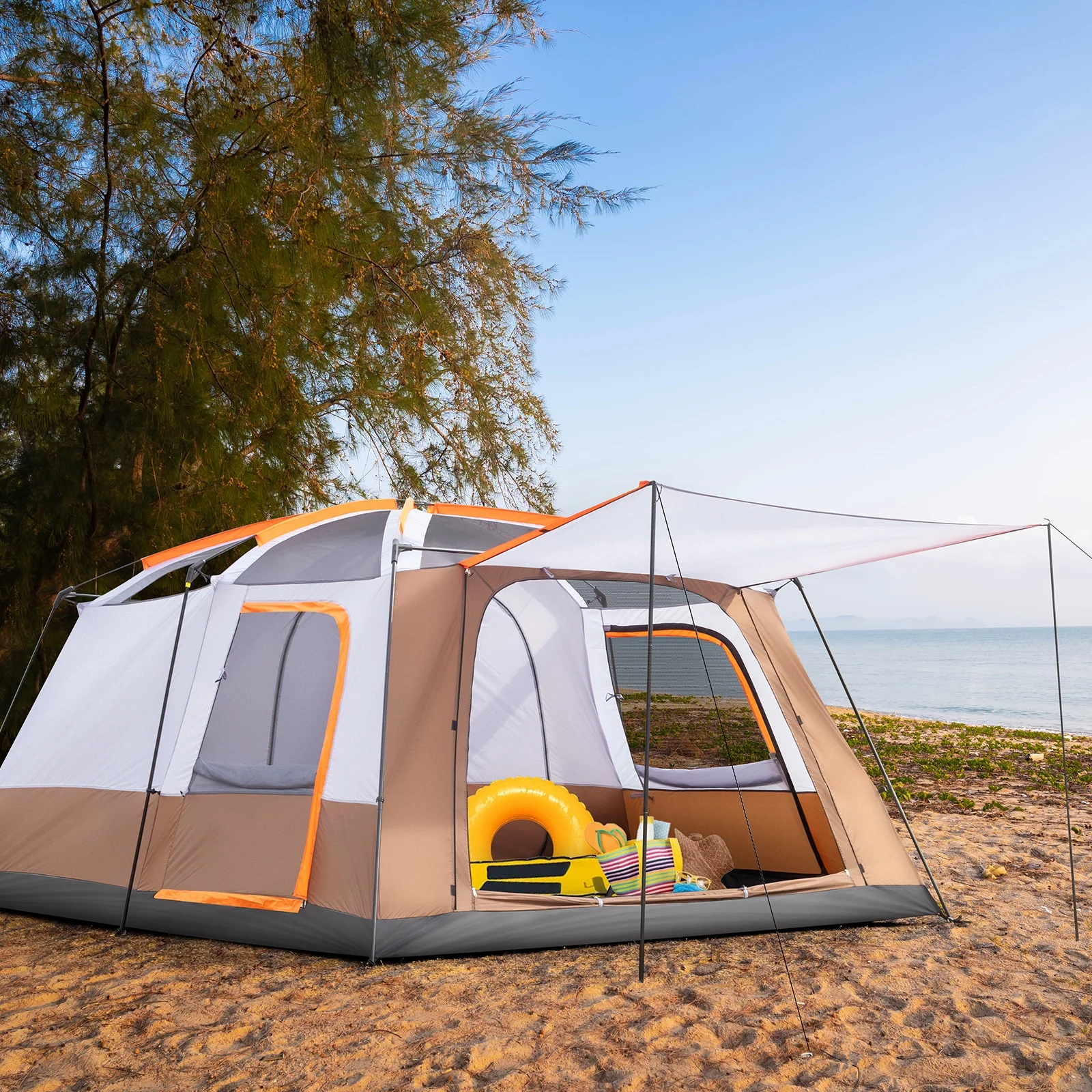 Zimtown Family Camping Tents 10 People Three Rooms Polyester Cloth Fiberglass Poles Dark Gray - Womvr