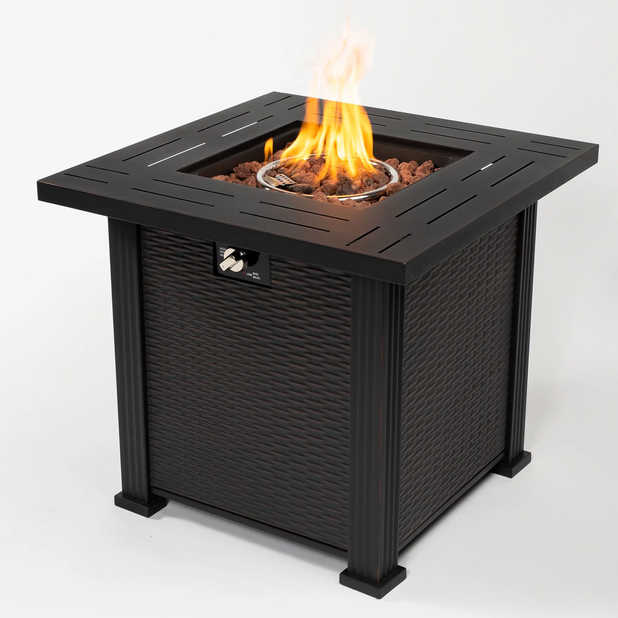 43.3 inch Gas Fire Pit Table, SYNGAR 2-in-1 50,000 BTU Propane Gas Fire Pit Table, Outdoor Propane Fire Pit with Glass Wind Guard, Blue Rocks and Lid, for Patio, Backyard, Garden, Poolside, D4620 - Womvr