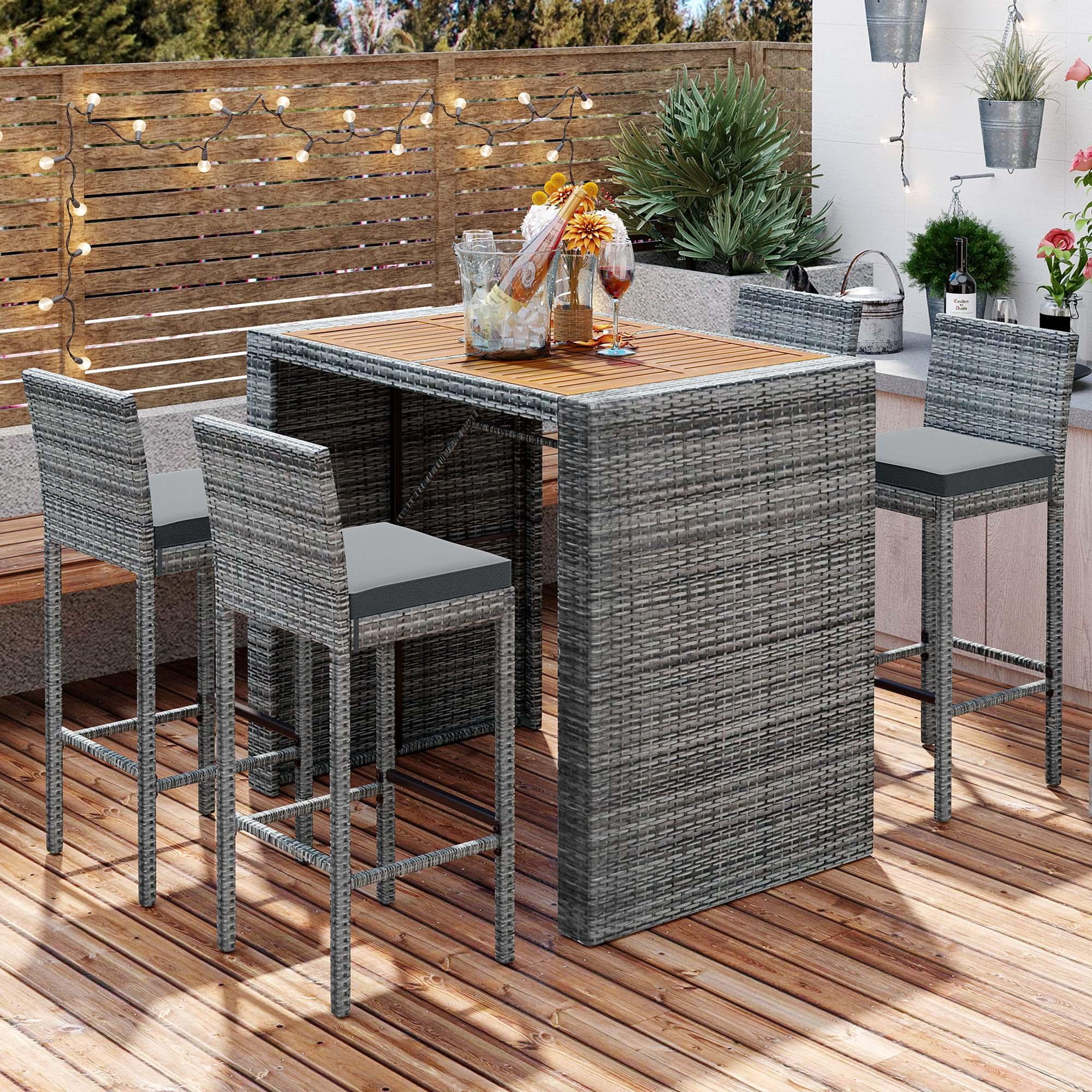 SESSLIFE 5 Piece Outdoor Rattan Dining Set with Storage Shelf, Patio Bar Table and 4 Stools Set, Modern Gray Wicker Outdoor Furniture Sets - Womvr