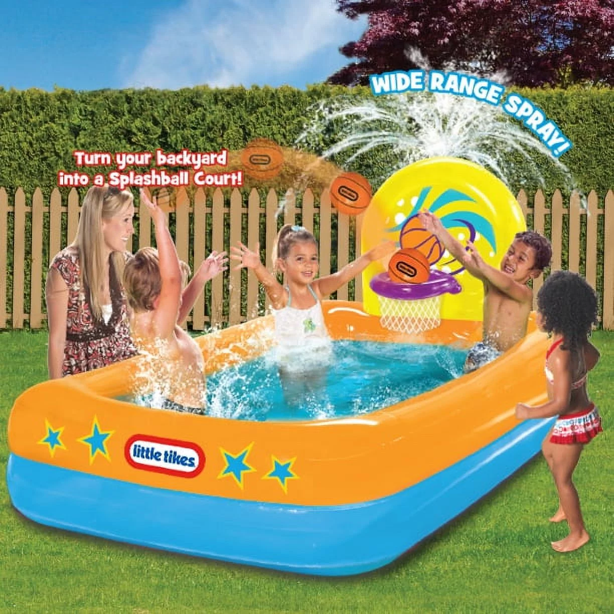 Little Tikes Splash Dunk Sprinkler Pool, Inflatable Pool with Basketball Hoop and Ball for Kids Ages 3-6 - Womvr
