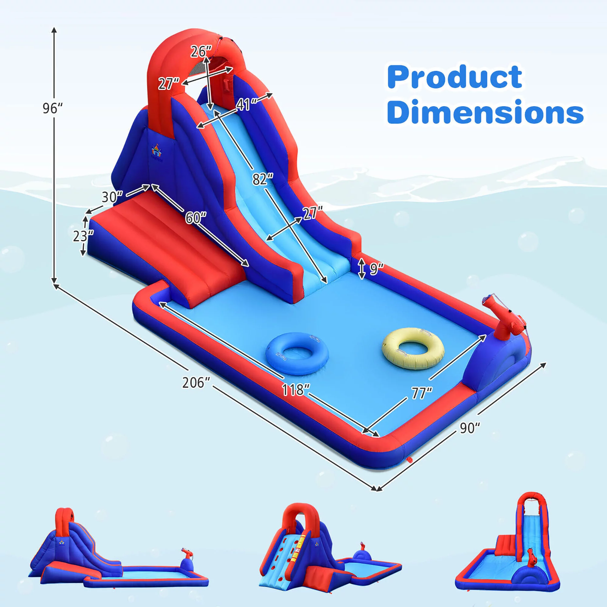 Gymax Inflatable Water Slide Park w/ Climb Slide Pool & 2 Swim Rings Blower Excluded - Womvr