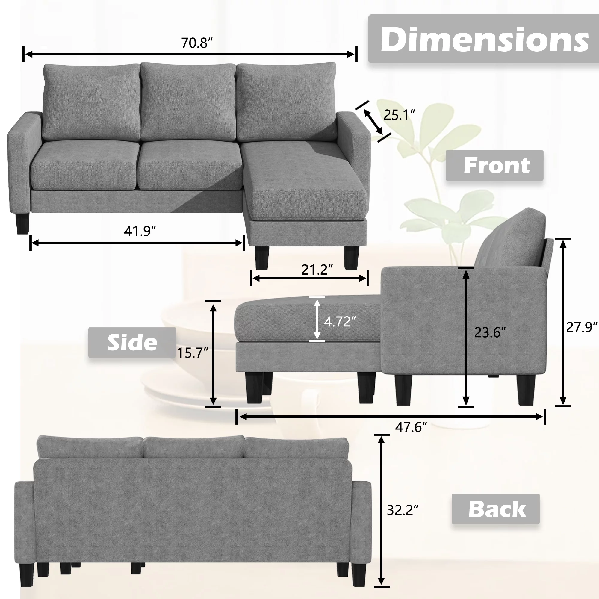 Homall Convertible Sectional Sofa Couch, Modern Linen Fabric L-Shaped Couch 3-Seat Sofa Sectional with Reversible Chaise for Small Living Room, Apartment and Small Space, Dark Gray - Womvr