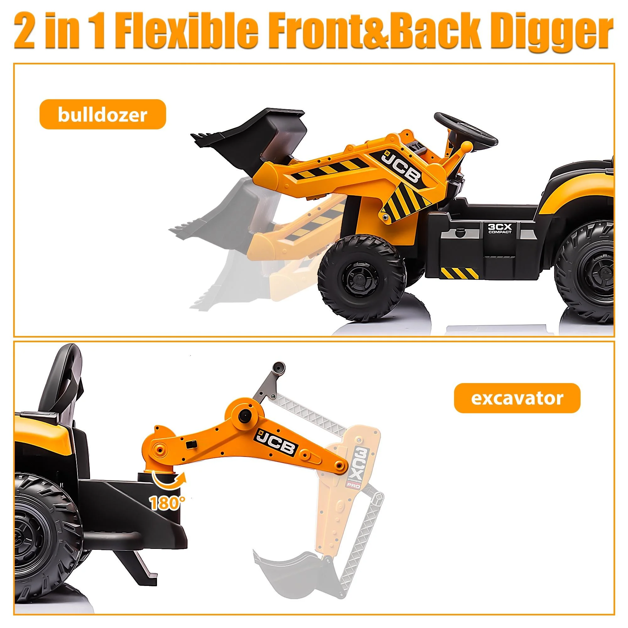 JCB 24V Ride on Excavator with Front&Back Loader 3in1 Kids Ride on Car with Remote Control Electric Construction for 3-6 Years Old Boys and Girls, Backhoe Ride on, Yellow - Womvr