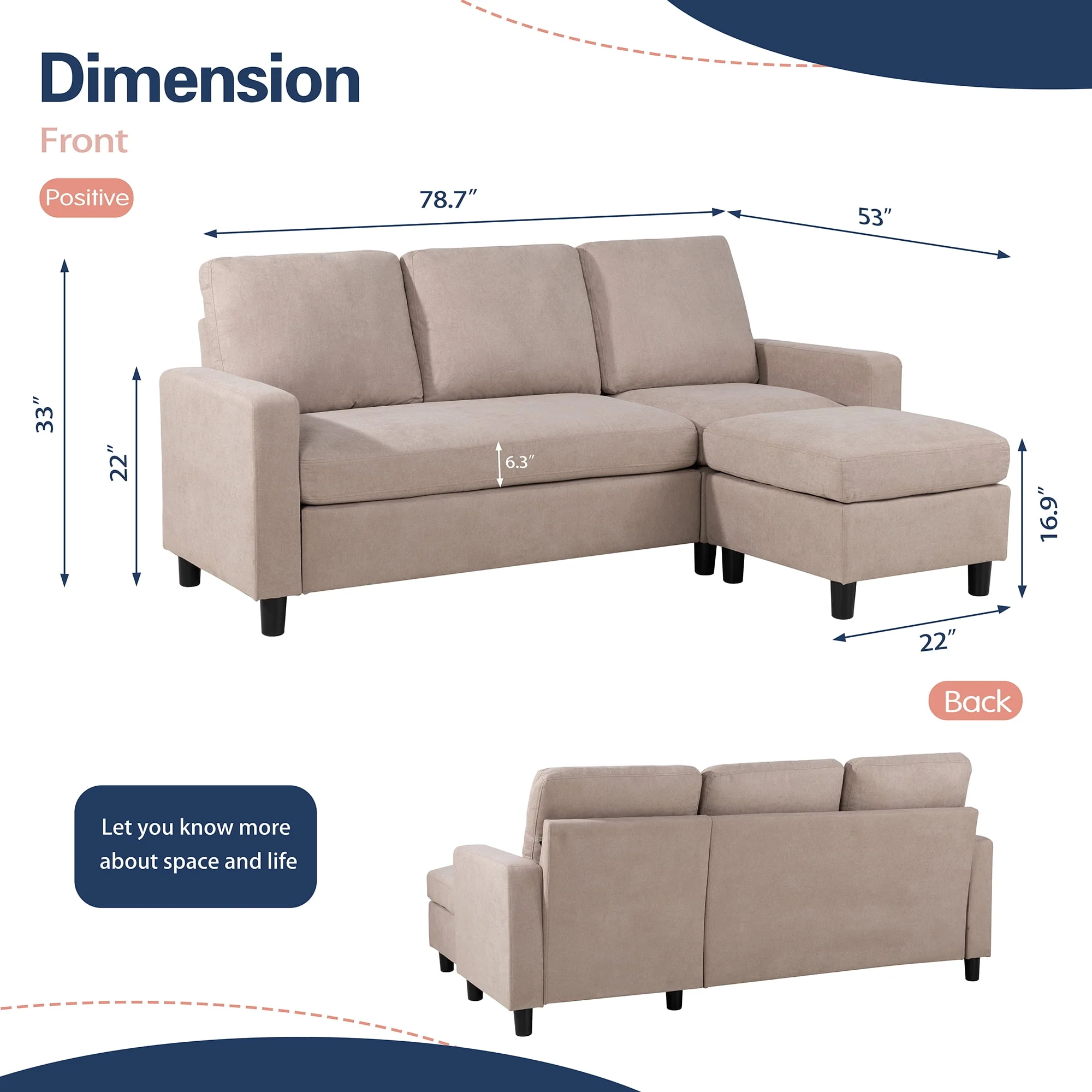 Walsunny Convertible Sectional L-Shaped Sofa with Modern Linen Fabric(Grayish Black) - Womvr