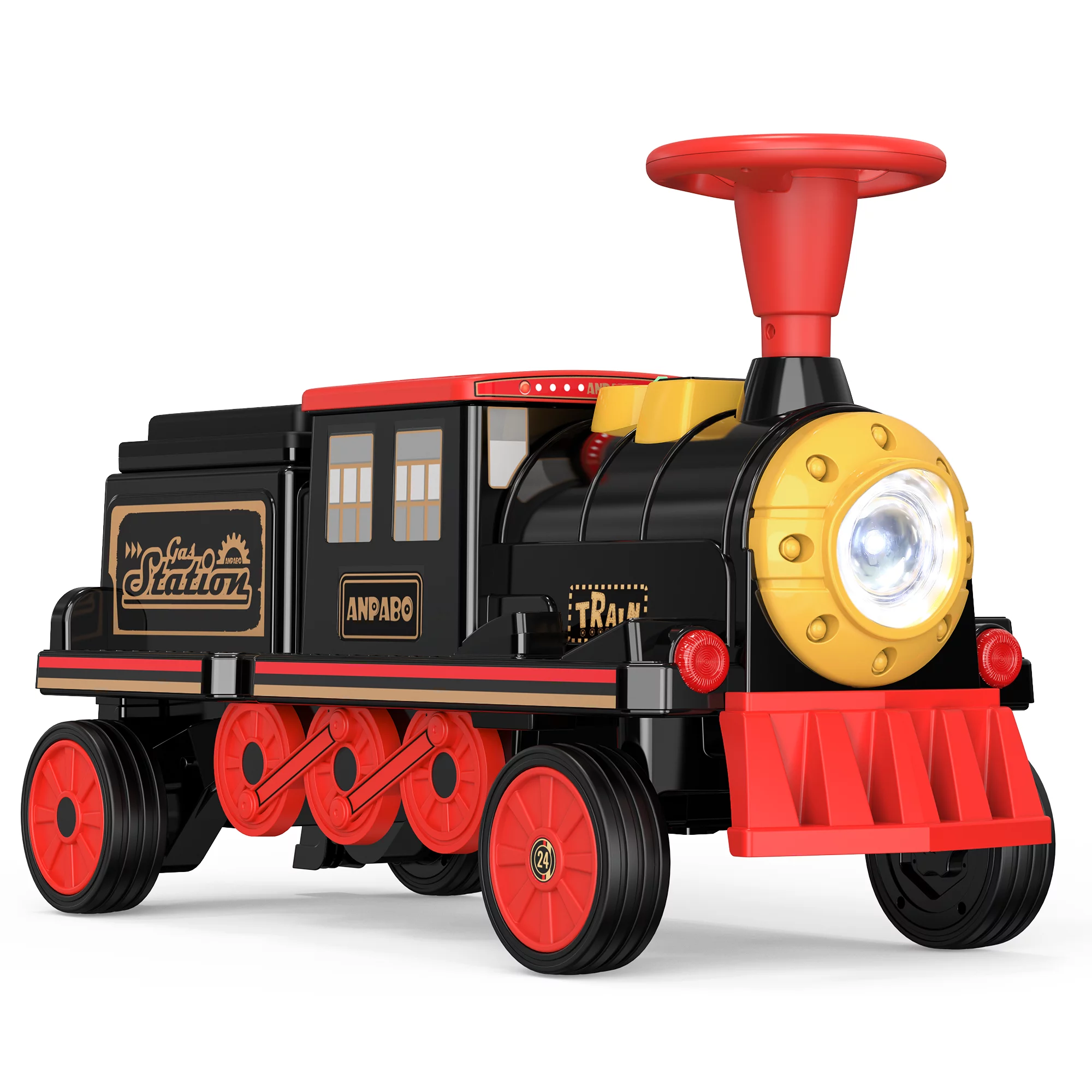 TOKTOO 12Volt 2 Seater Kids Ride on Train W/ Rubber Wheels, Storage Box, LED Headlight, Music Player-Black Red - Womvr