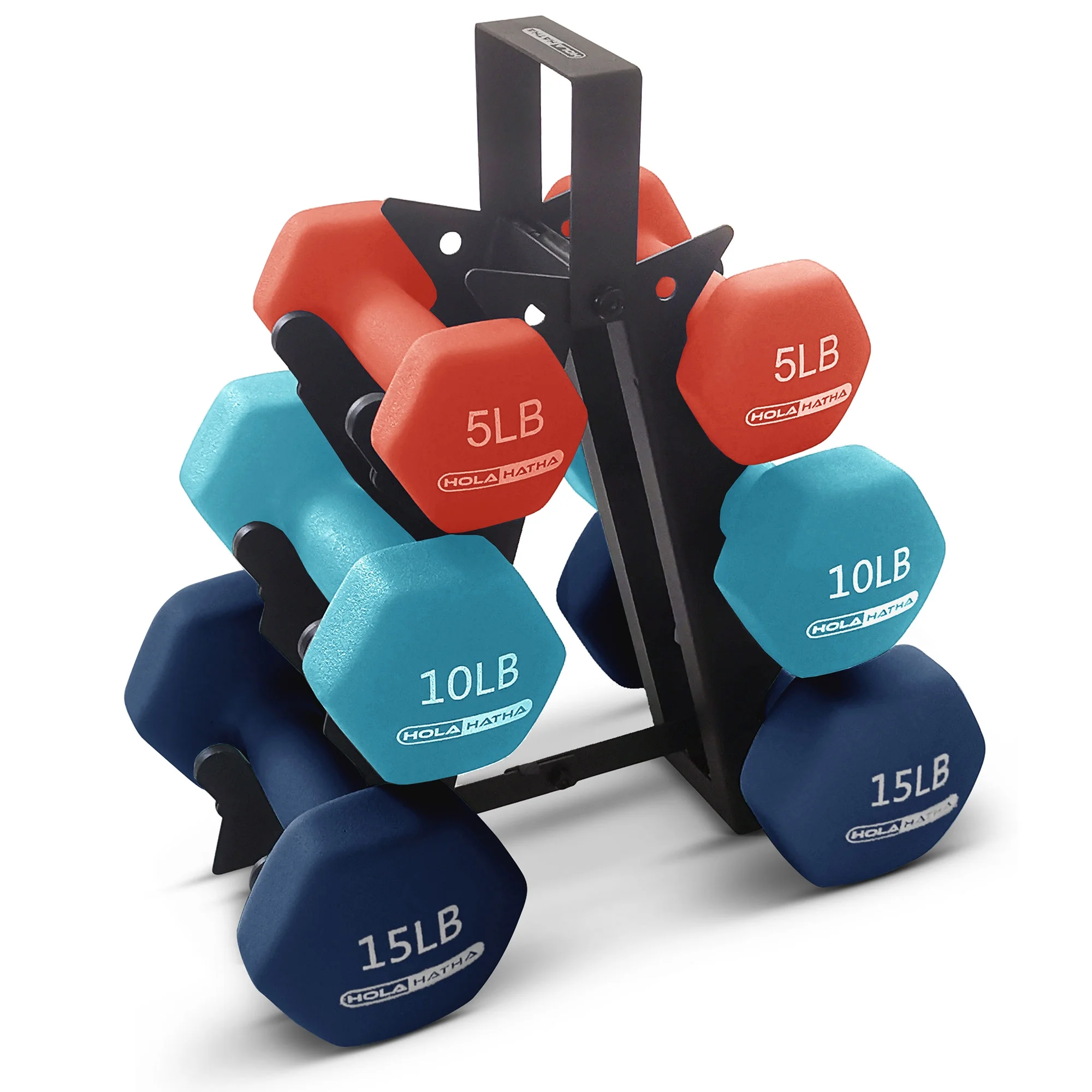 HolaHatha 3, 5, and 8 Pound Dumbbell Hand Weight Set with Storage Rack, Multi - Womvr