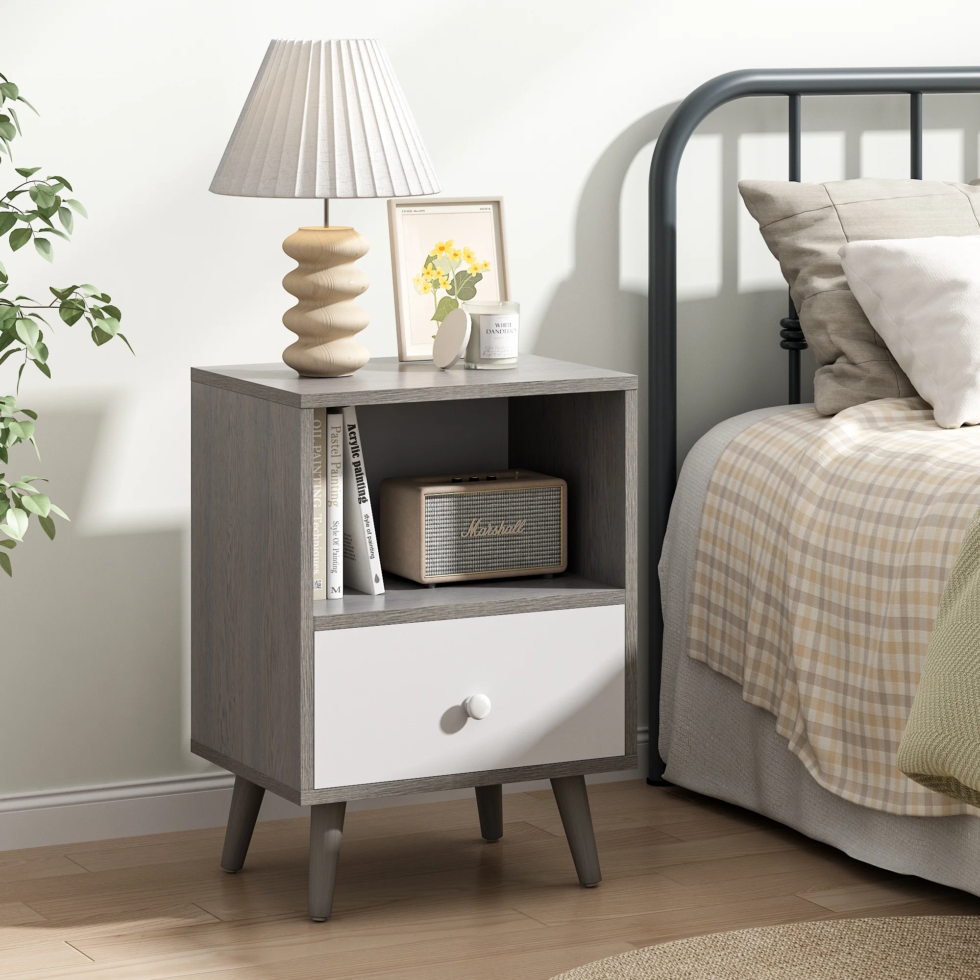 JAXPETY Nightstands Set of 2, Night Stand with 1 Drawer and Open Shelf Storage, End Table, Side Table, for Bedroom, Living Room, Natural Wood & White - Womvr