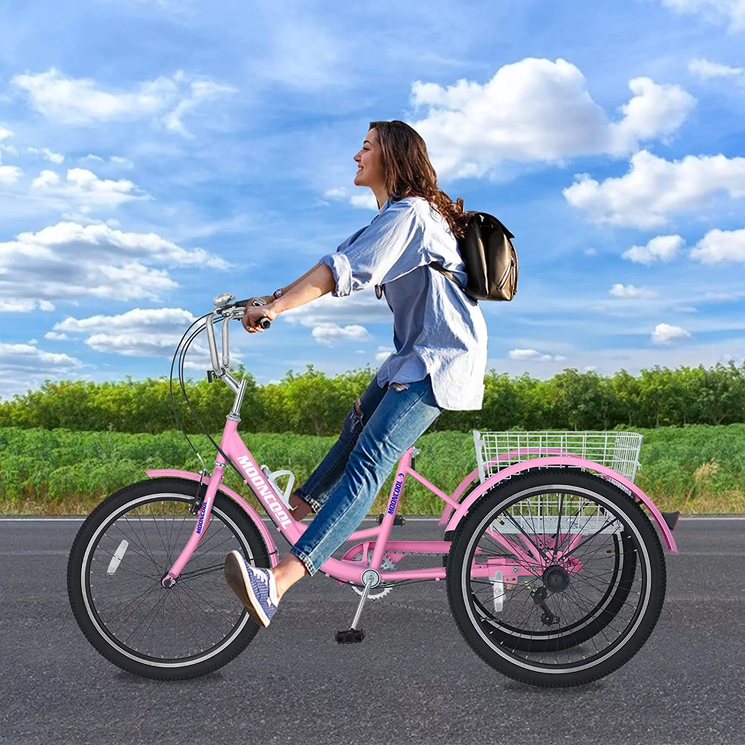 MOONCOOL Adult Tricycles with Rear Basket, 24 26 inch 7 Speed 3 Wheel Bikes, Three-Wheeled Bicycles Adult Trike with Backrest for Seniors, Women, Men - Womvr