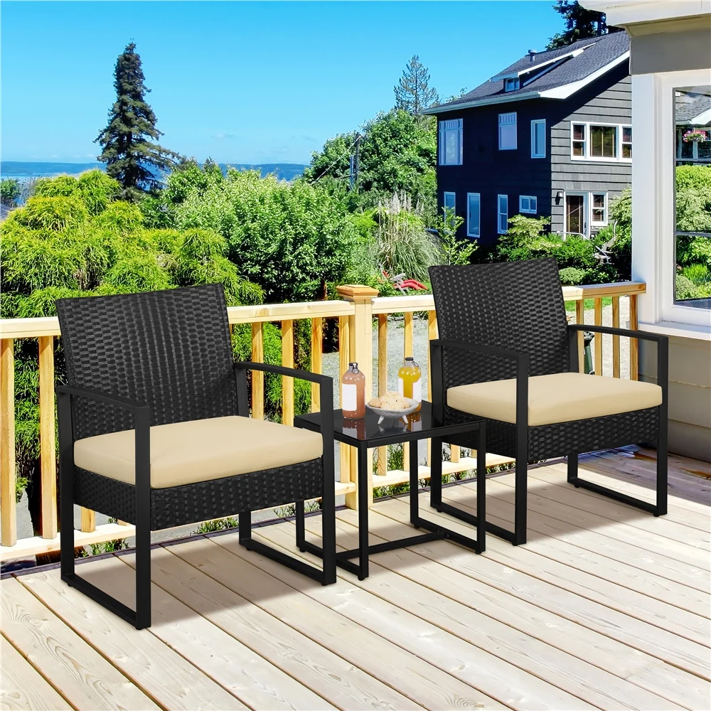 Yaheetech Modern 3-piece Patio Rattan Chairs & Table Set with Cushions, Black/Gray - Womvr