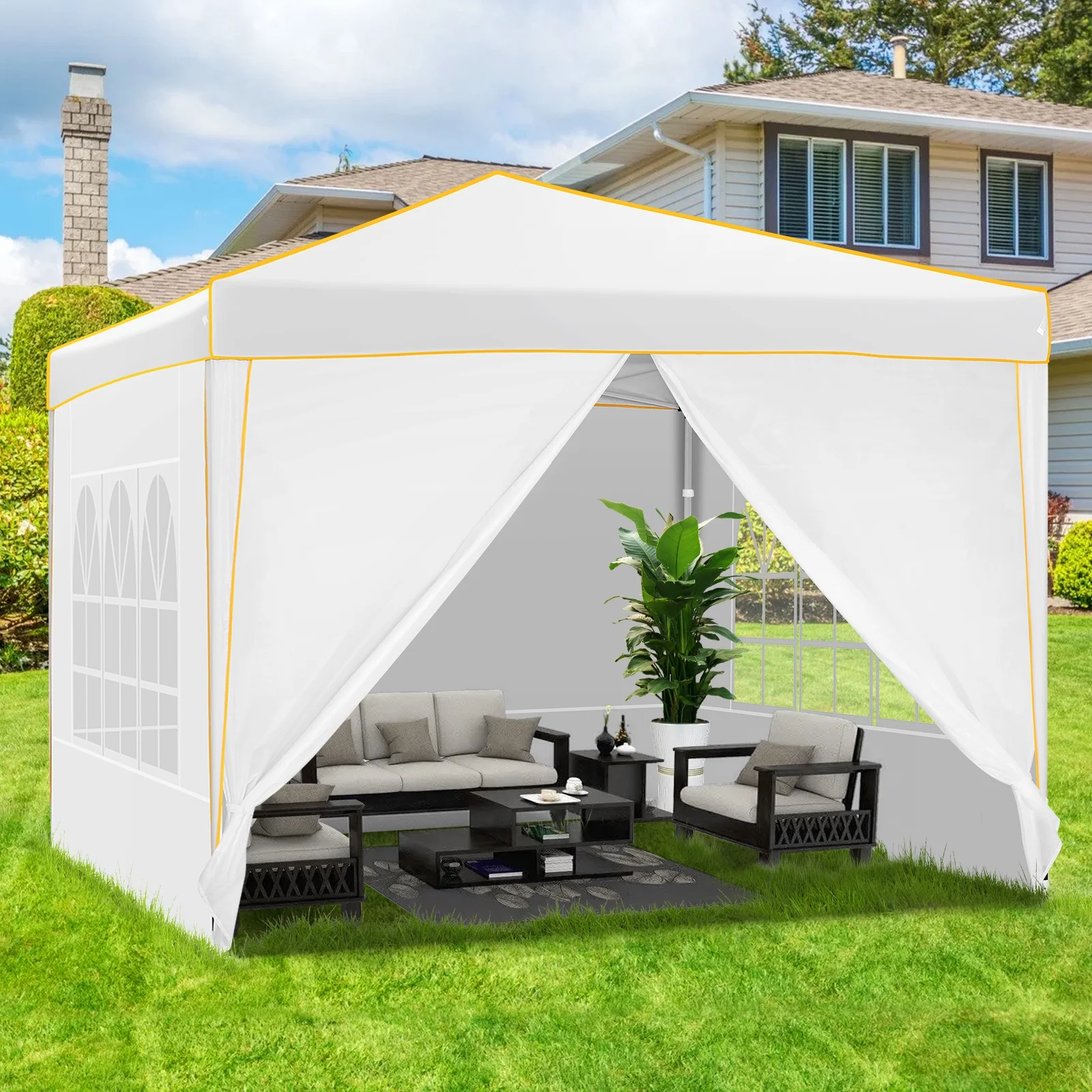 SANOPY 10' x 10' Pop up Canopy, UV and Rain Resistant Canopy Shelter with 4 Removable Sidewalls and Sandbags, Outdoor Canopy with Carry Bag for Grass, Beach and Camping - Womvr