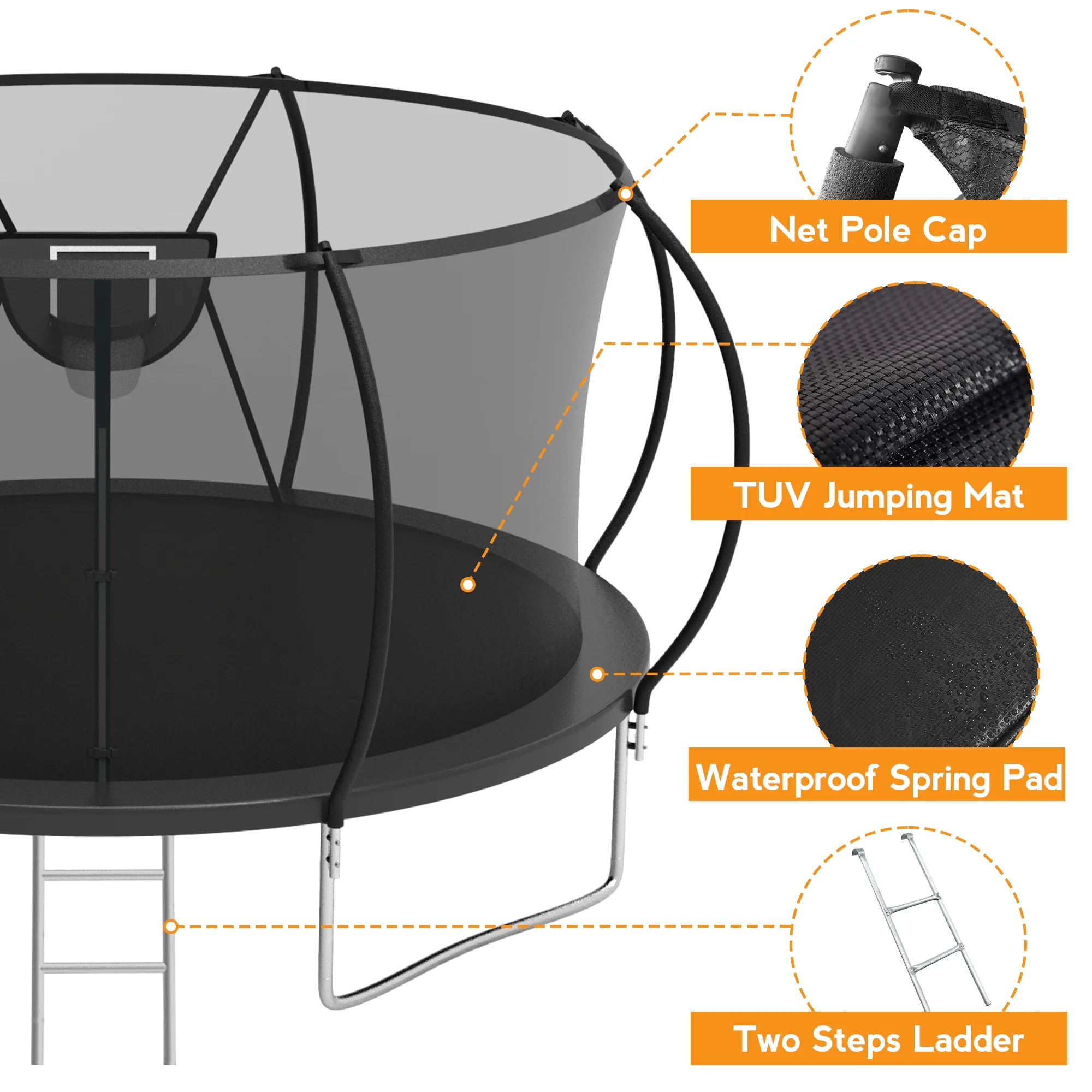 KOFUN Trampoline with Basketball Hoop & Light, 1500lbs 10FT 12FT 14FT 16FT Trampoline for Adults and Kids, No Gap Design Backyard Trampoline with Enclosure Net, Ladder, Green - Womvr