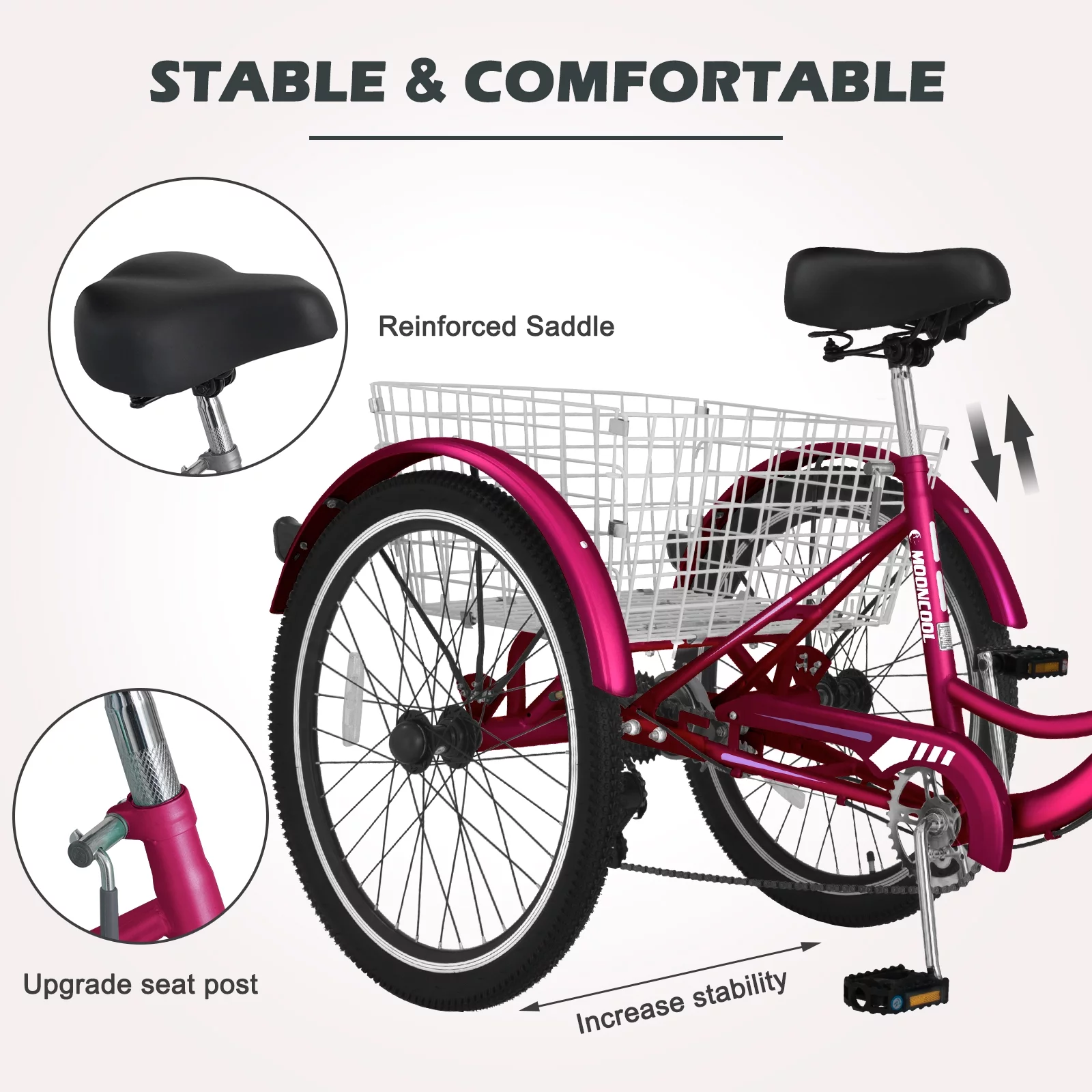 MOPHOTO Adult Tricycle 20/24/26 inch 3 Wheel Bicycle,3 Wheel Bikes for Adults,7 Speed Low Stepover Frame Tricycle with Basket/Bell,3 Wheel Bicycle for Seniors,Women,Men - Womvr