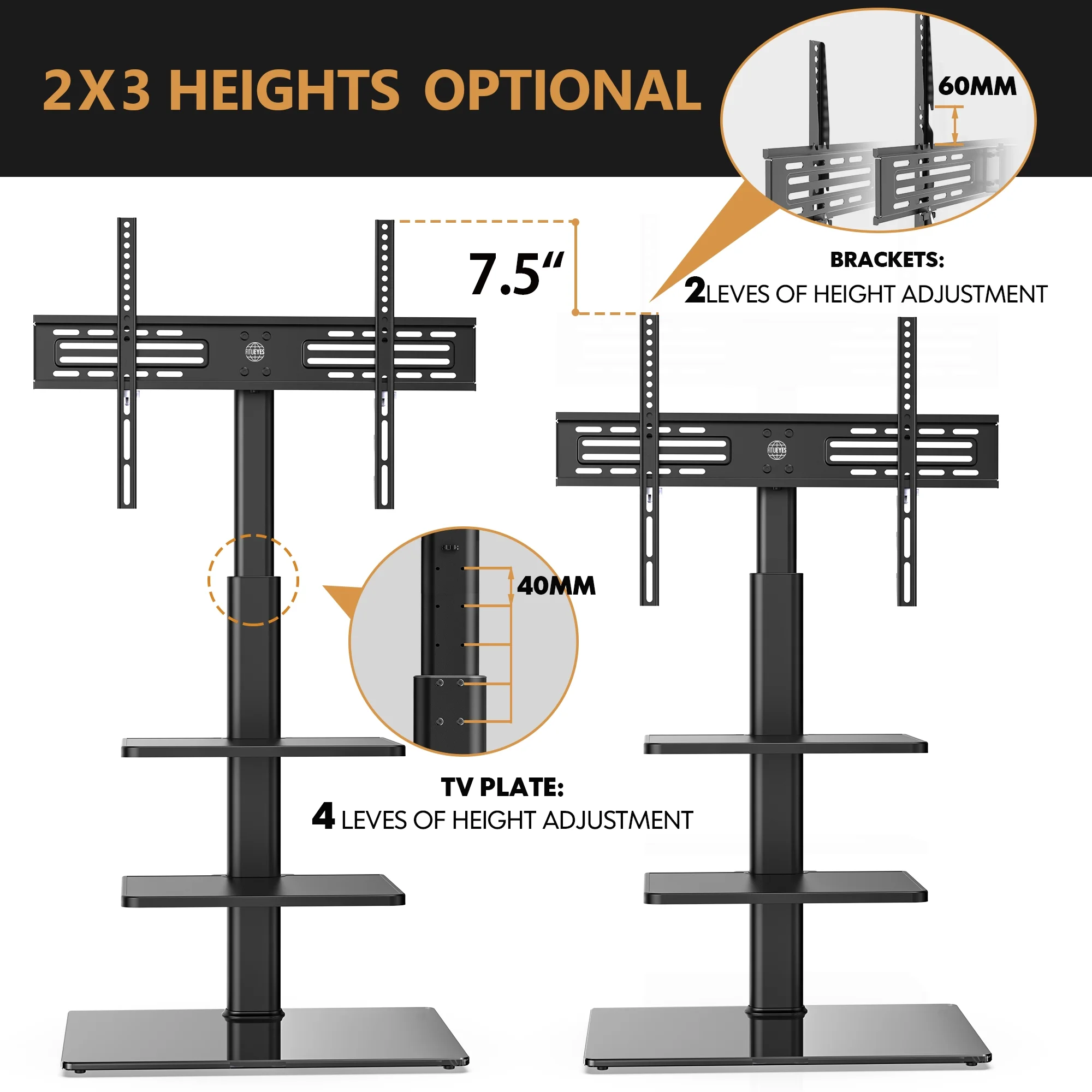 FITUEYES Tempered Glass Base Floor TV Stand 32-65 Inch, Height adjustable,Swivel TV Stand with Mount,Black - Womvr