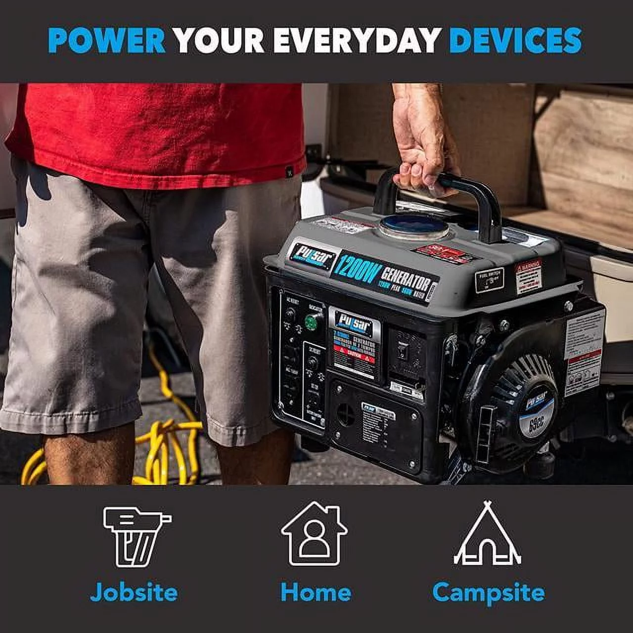 Pulsar G1200SG Portable Gas-Powered Generator with Carrying Handle, 1200W, Black/Gray - Womvr