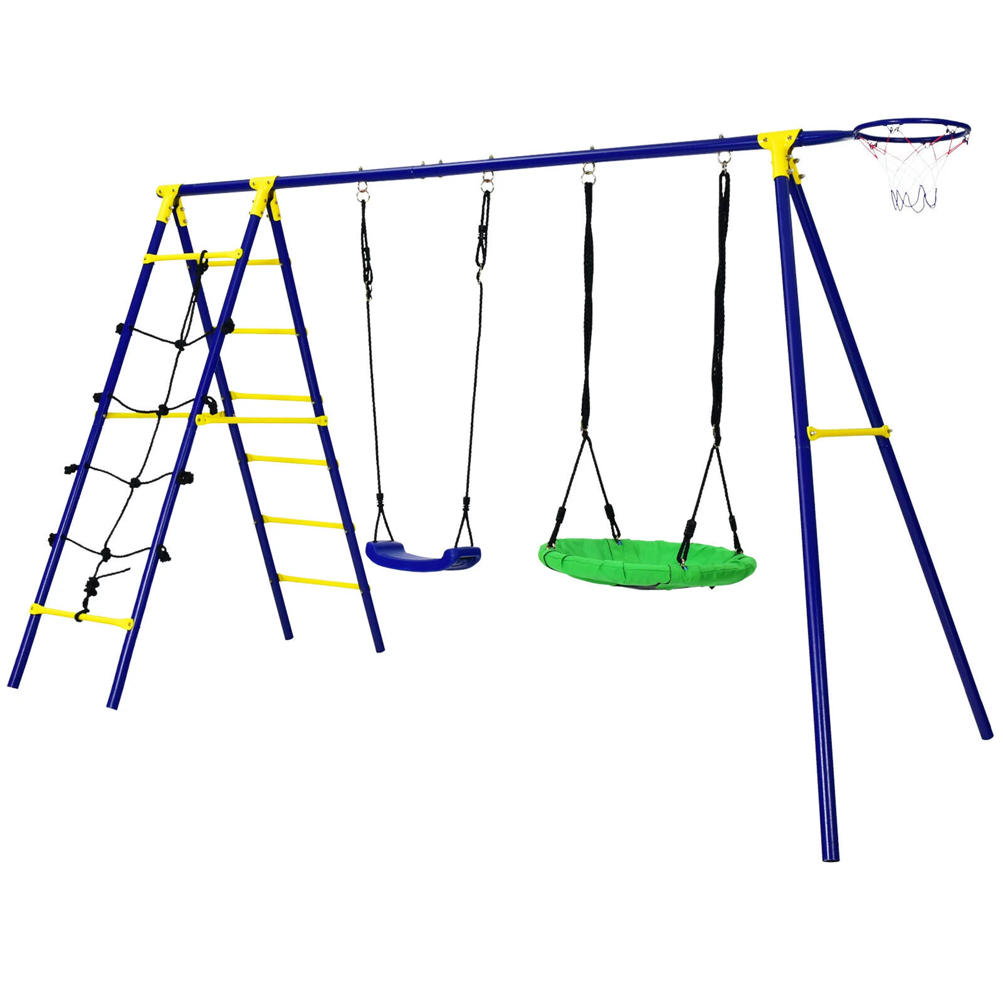 Gymax 5-In-1 Kids Swing Set for Outdoor W/ Heavy Duty Frame Basketball Hoop & Climbing Ladder - Womvr