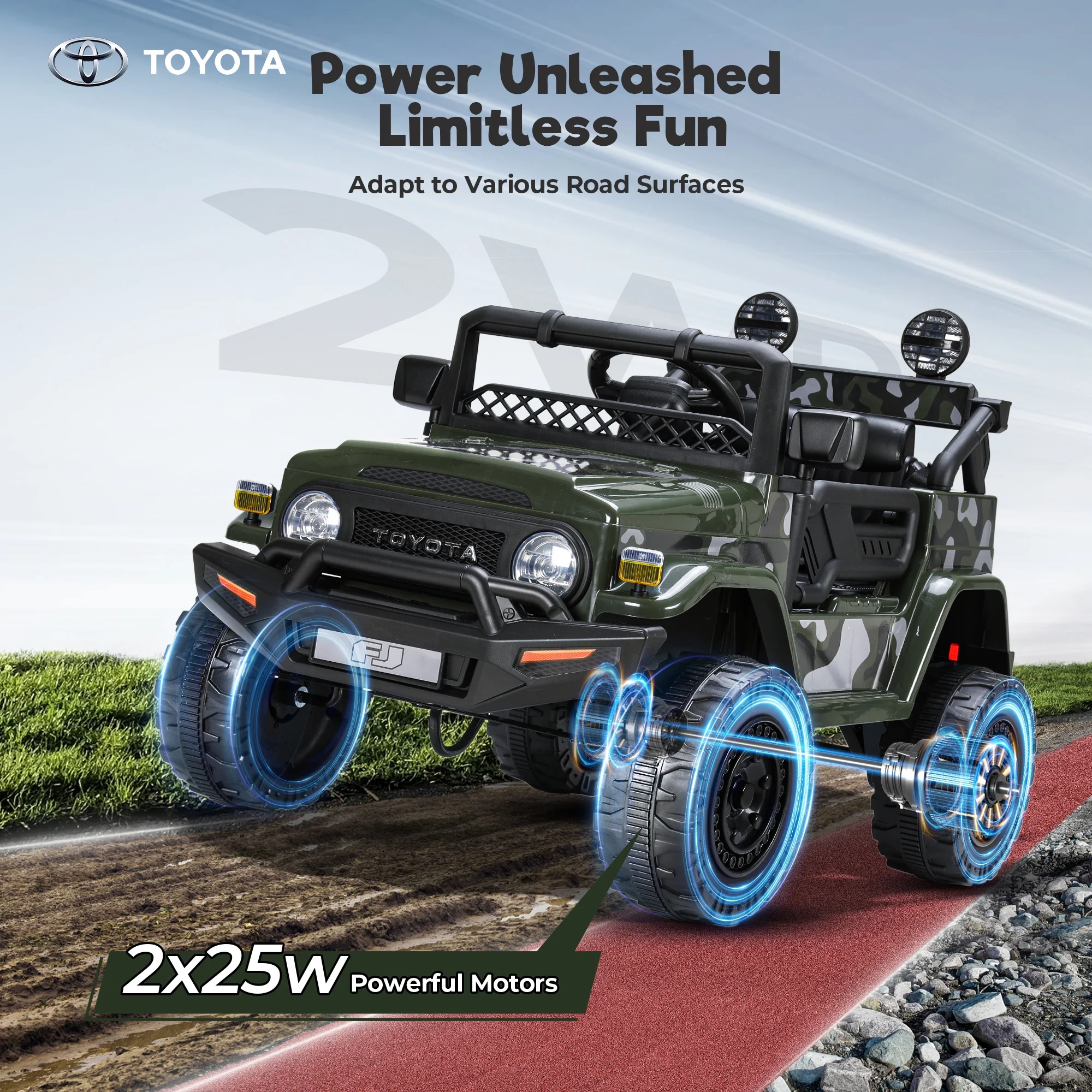 Toyota FJ Cruiser Ride on Car, 12V Powered Off-Road Toys for Kids w/ Remote,Spring Suspension,6 LED Lights,Camo Green - Womvr