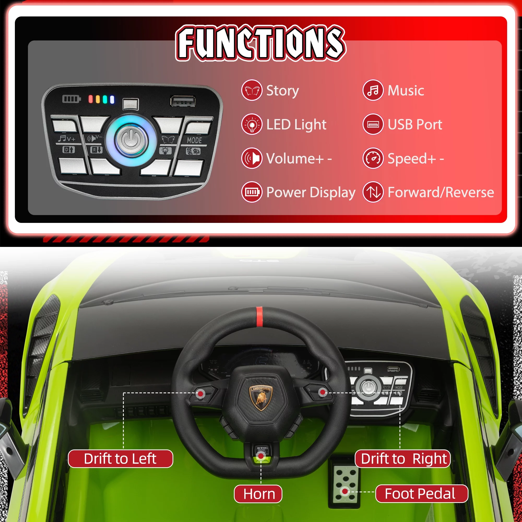 TOBBI 24V Lamborghini STO Licensed Kids Ride on Drift Car Gray Electric Car W/Remote Control LED Lights, up to 10 mph - Womvr