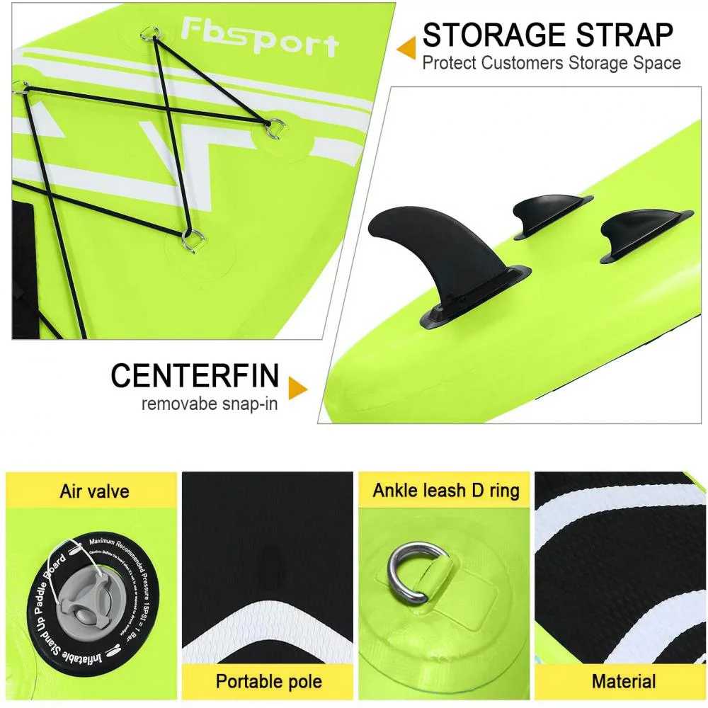 Fbsport 11ft Inflatable Paddle Board SUP, 6'' Thick W/Paddling Fins Pump & Accessories Pack, Green - Womvr