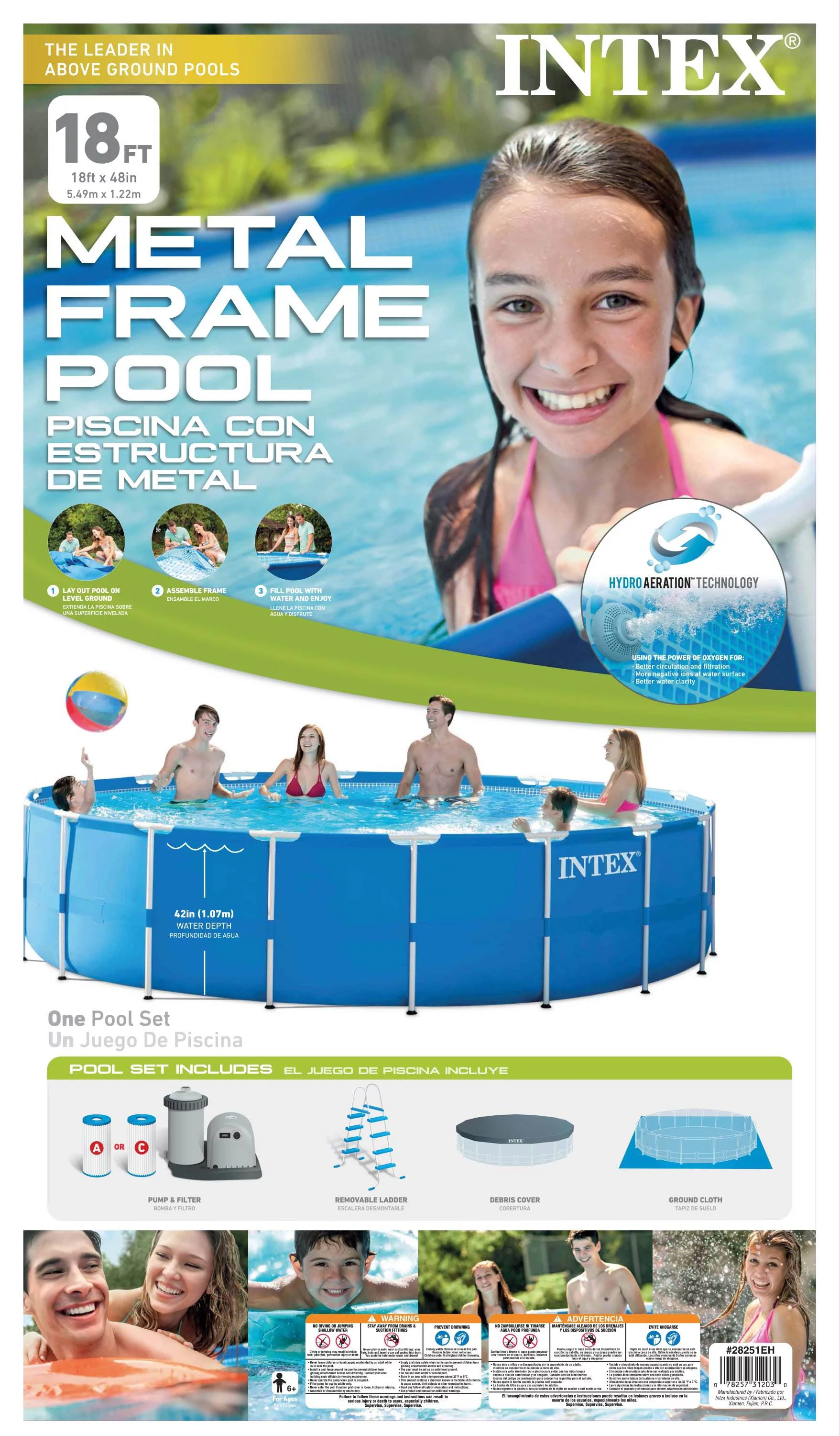 Intex 18ft x 48in Metal Frame Above Ground Round Family Swimming Pool Set & Pump - Womvr