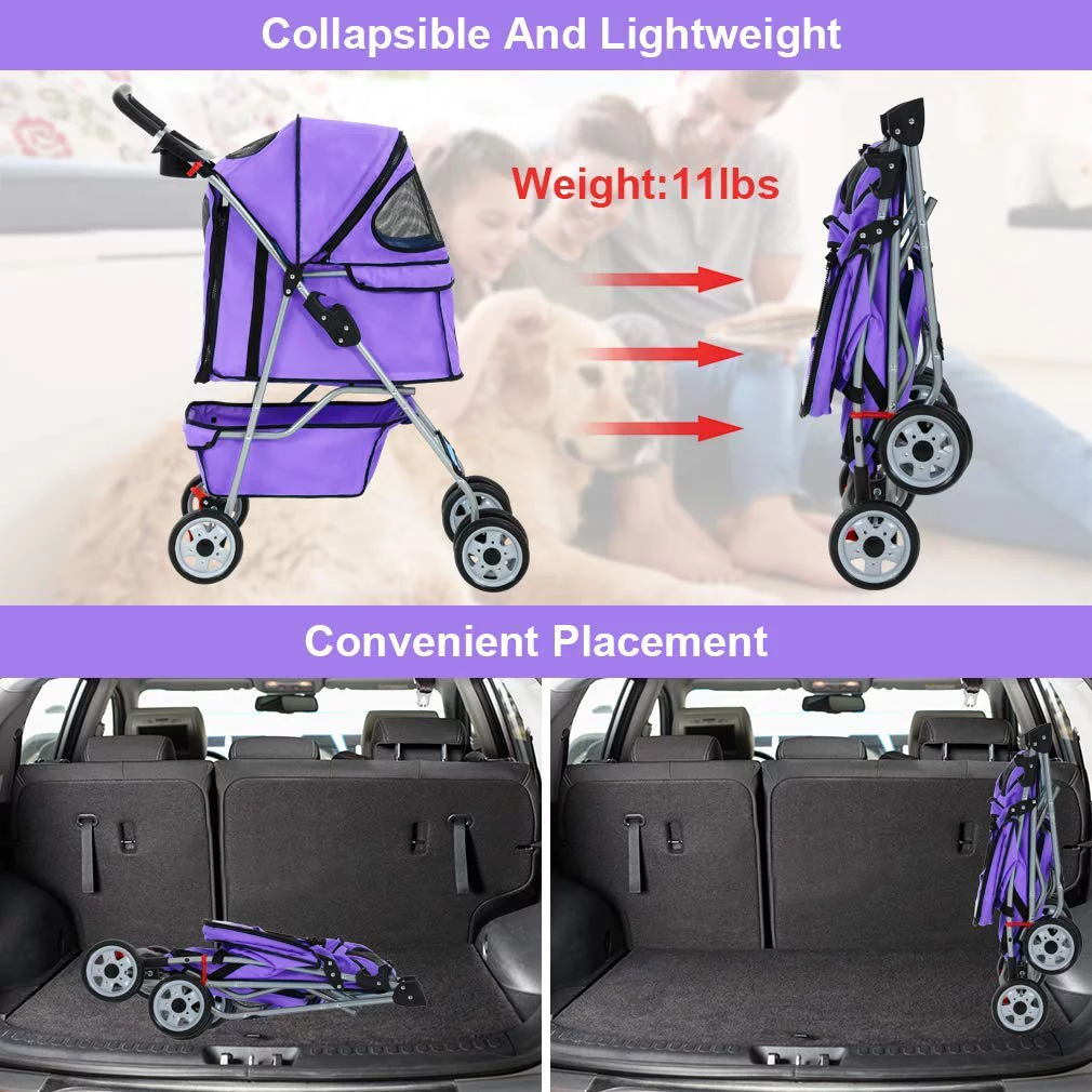 4 Wheels Pet Stroller Foldable Dog Stroller Cat Stroller with Storage Basket & Removable Liner, Travel Lite Foldable Carrier Strolling Cart for Dogs Cats, Black - Womvr