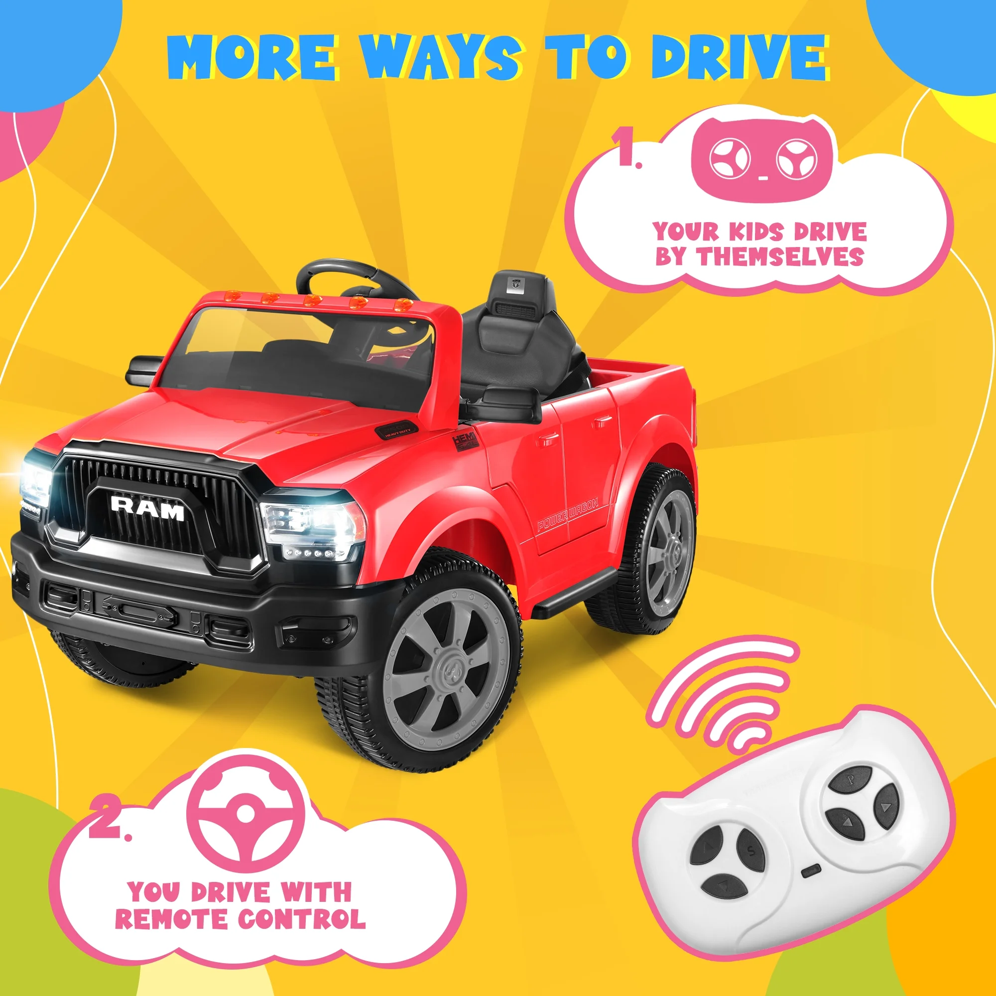 Dodge Ram Ride On Car for Kids, 12V Powered Ride On Truck Cars with Parents Remote Control,Dodge Electric Ride On Car for Boys Girls 3-5, Red - Womvr