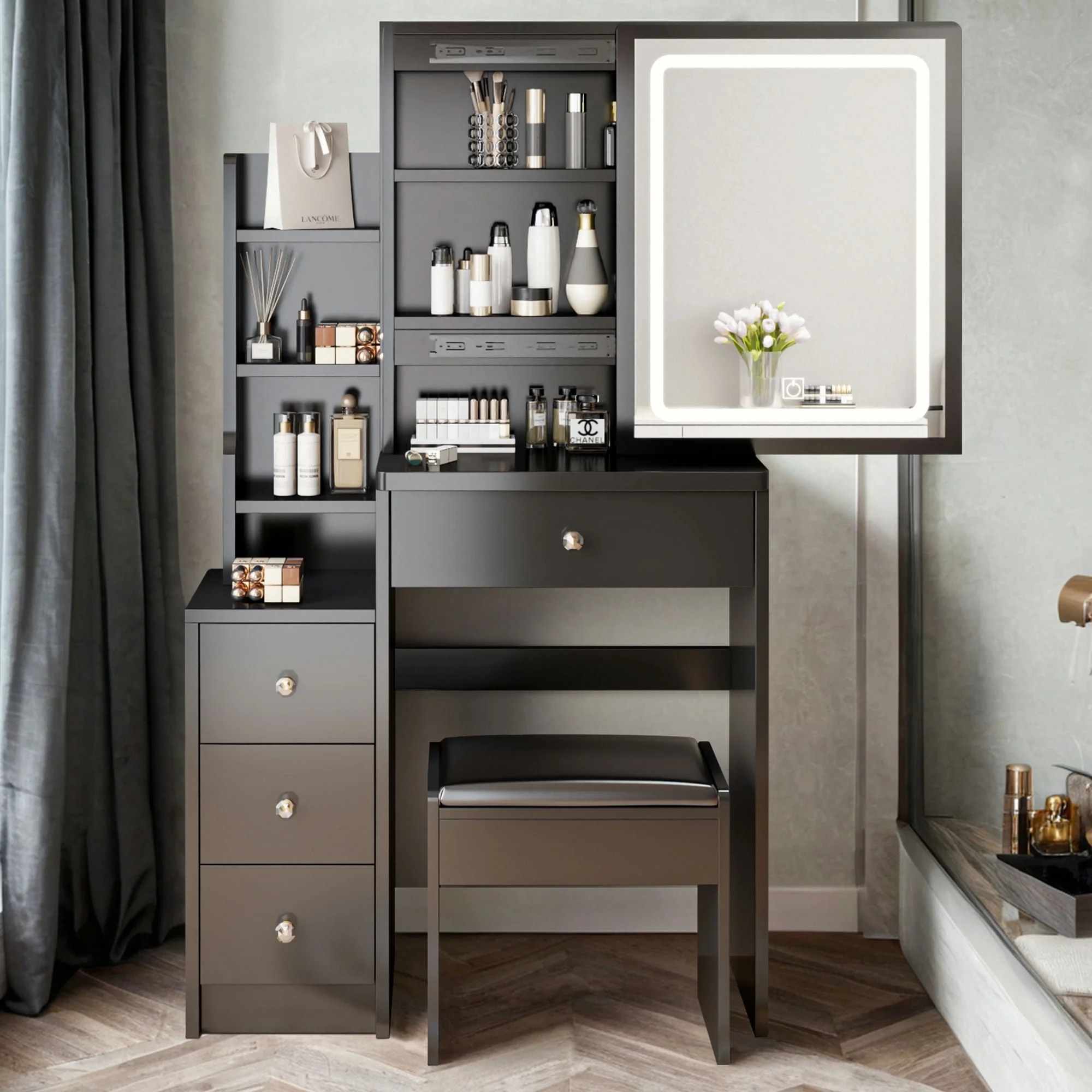 Kadyn Vanity Table with Large Sliding Lighted Mirror, Dressing Table with 2 Drawers, Storage Shelves and Upholstered Stool, White - Womvr
