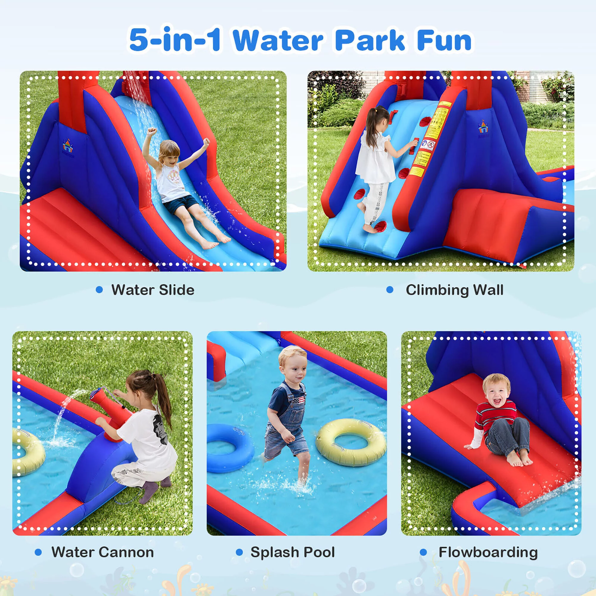 Gymax Inflatable Water Slide Park w/ Climb Slide Pool & 2 Swim Rings Blower Excluded - Womvr