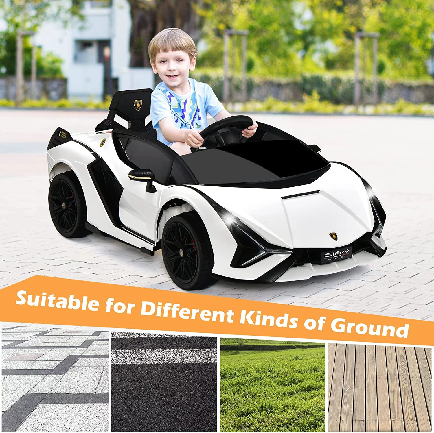 OLAKIDS 12V Licensed Lamborghini Sian Kids Ride On Car with Parent Remote Control, Spring Suspension, MP3 Player, Electric Toy Roadster Carbon Fiber Textured for Toddler (Black) - Womvr