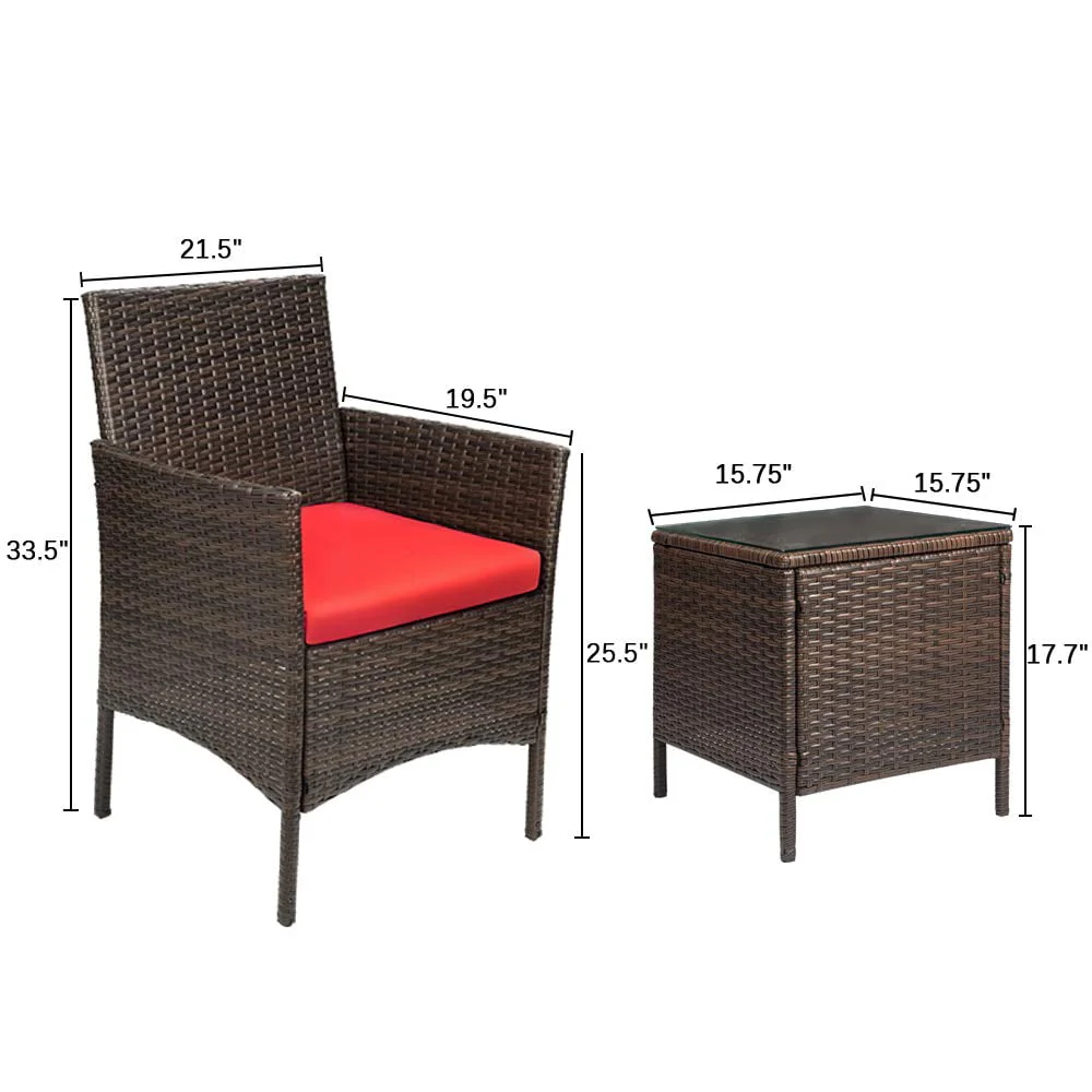 Lacoo 3 Pieces Outdoor Patio Furniture PE Rattan Wicker Table and Chairs Set Bar Set with Cushioned Tempered Glass, Brown/Beige, 2 - Womvr