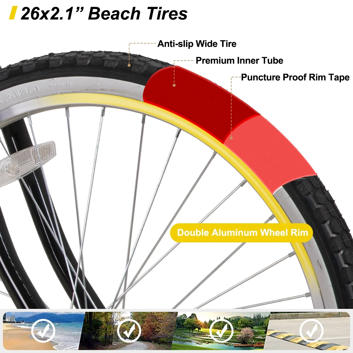 Hiland 26 inch Women's Men's Beach Cruiser Bike Bicycle Red Black Blue - Womvr