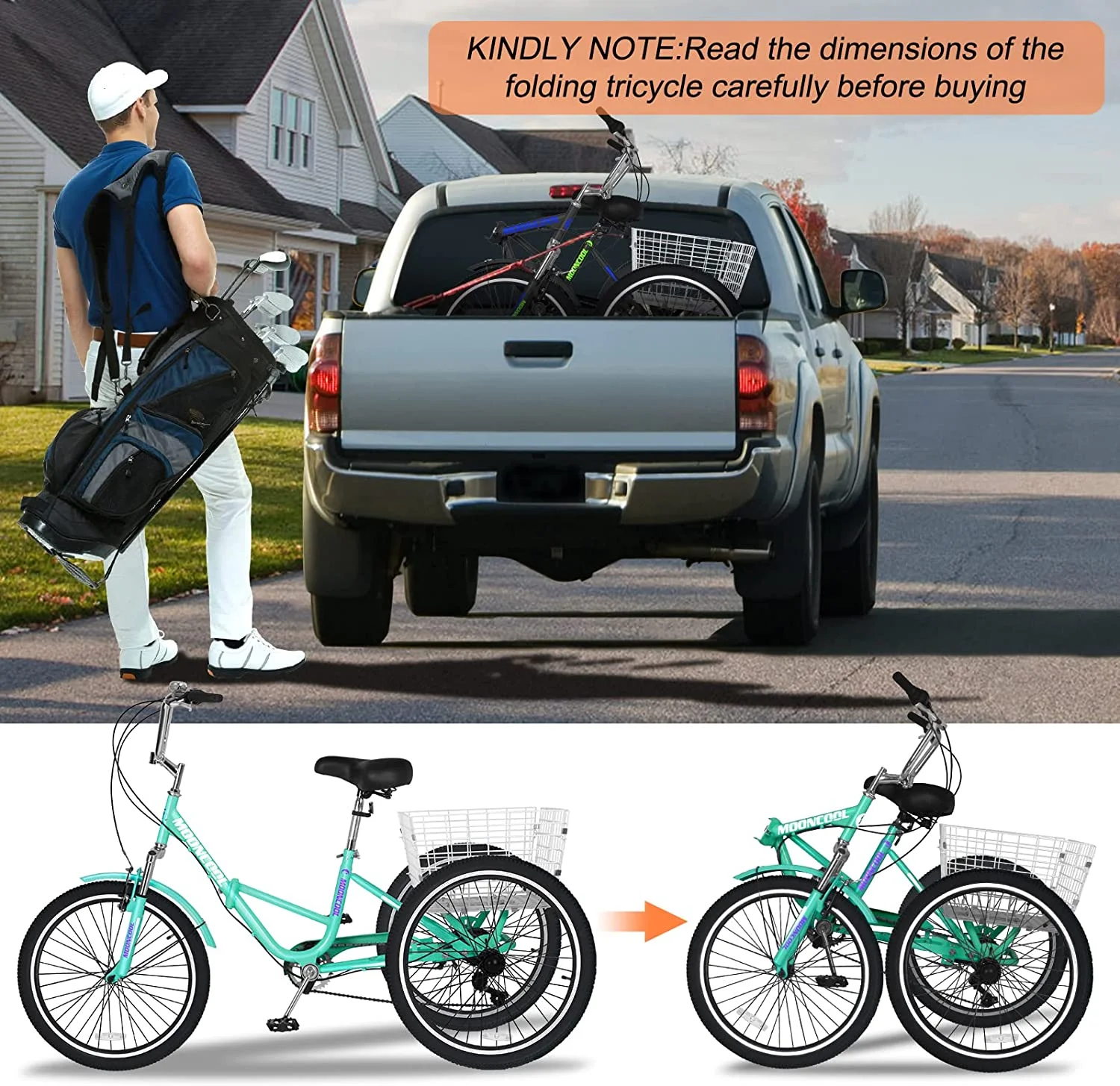 MOONCOOL Adult Folding Tricycle, 7 Speed 20/24/26 inch Adult Tricycles, Three Wheel Bike Cruiser Trike with Large Basket - Womvr