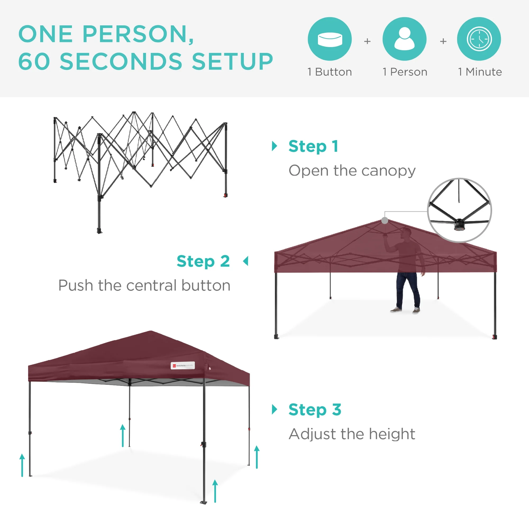 Best Choice Products 10x10ft Easy Setup Pop Up Canopy w/ 1-Button Setup, Wheeled Case, 4 Weight Bags - Cerulean - Womvr