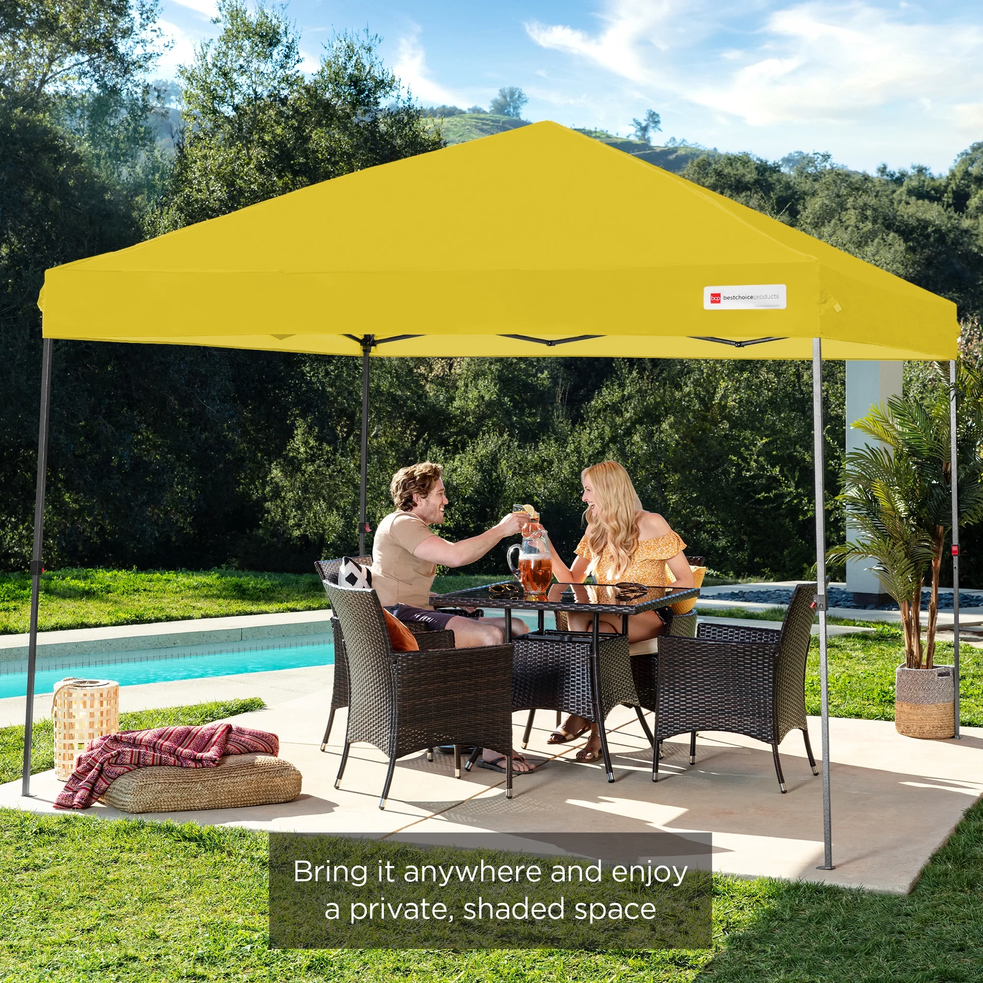 Best Choice Products 10x10ft Easy Setup Pop Up Canopy w/ 1-Button Setup, Wheeled Case, 4 Weight Bags - Cerulean - Womvr