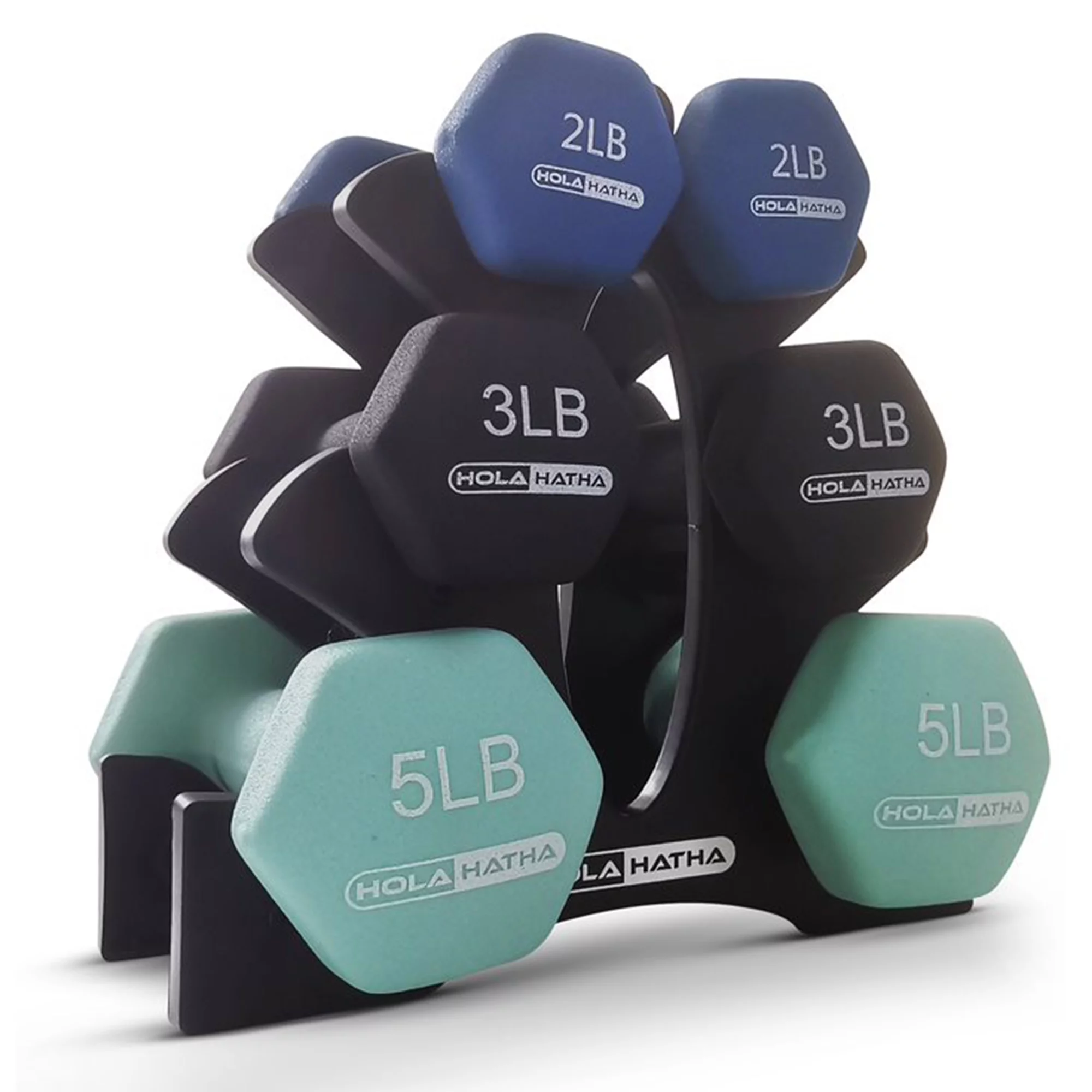 HolaHatha 3, 5, and 8 Pound Dumbbell Hand Weight Set with Storage Rack, Multi - Womvr