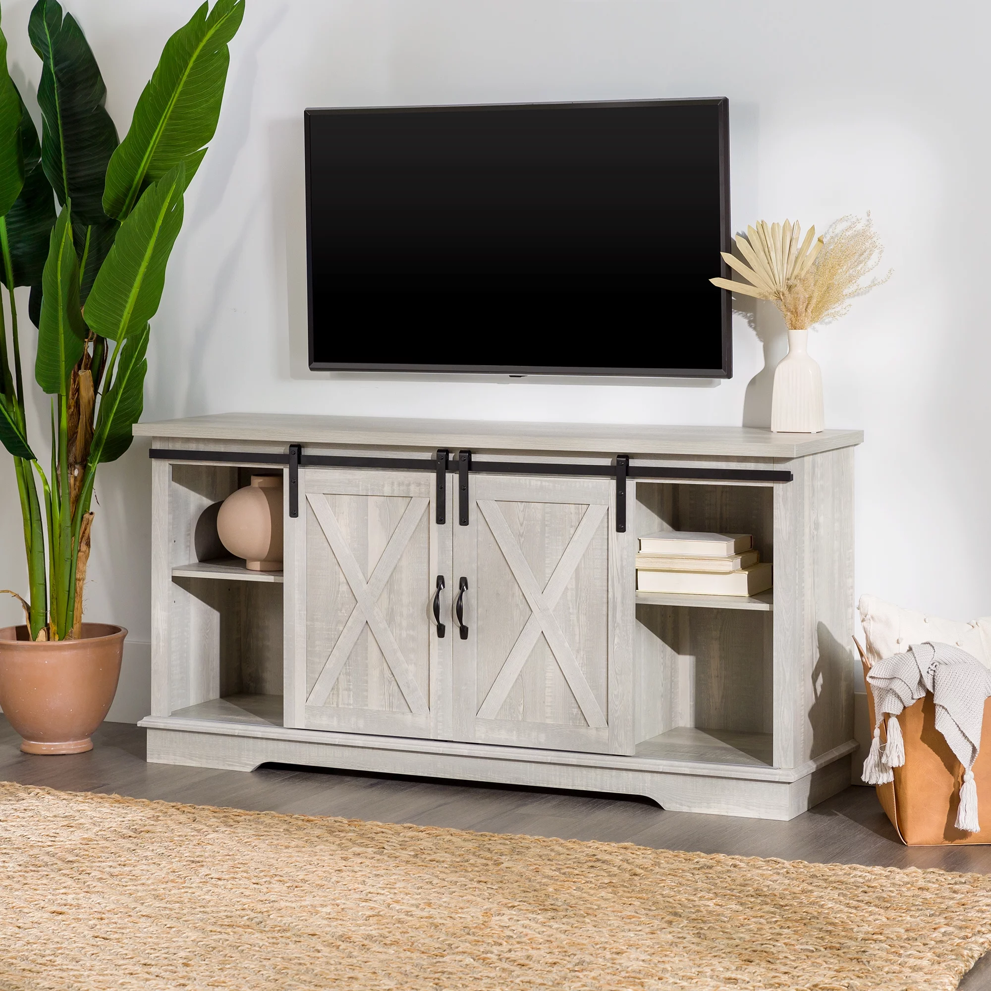 Woven Paths Farmhouse Sliding Barn Door TV Stand for TVs up to 65