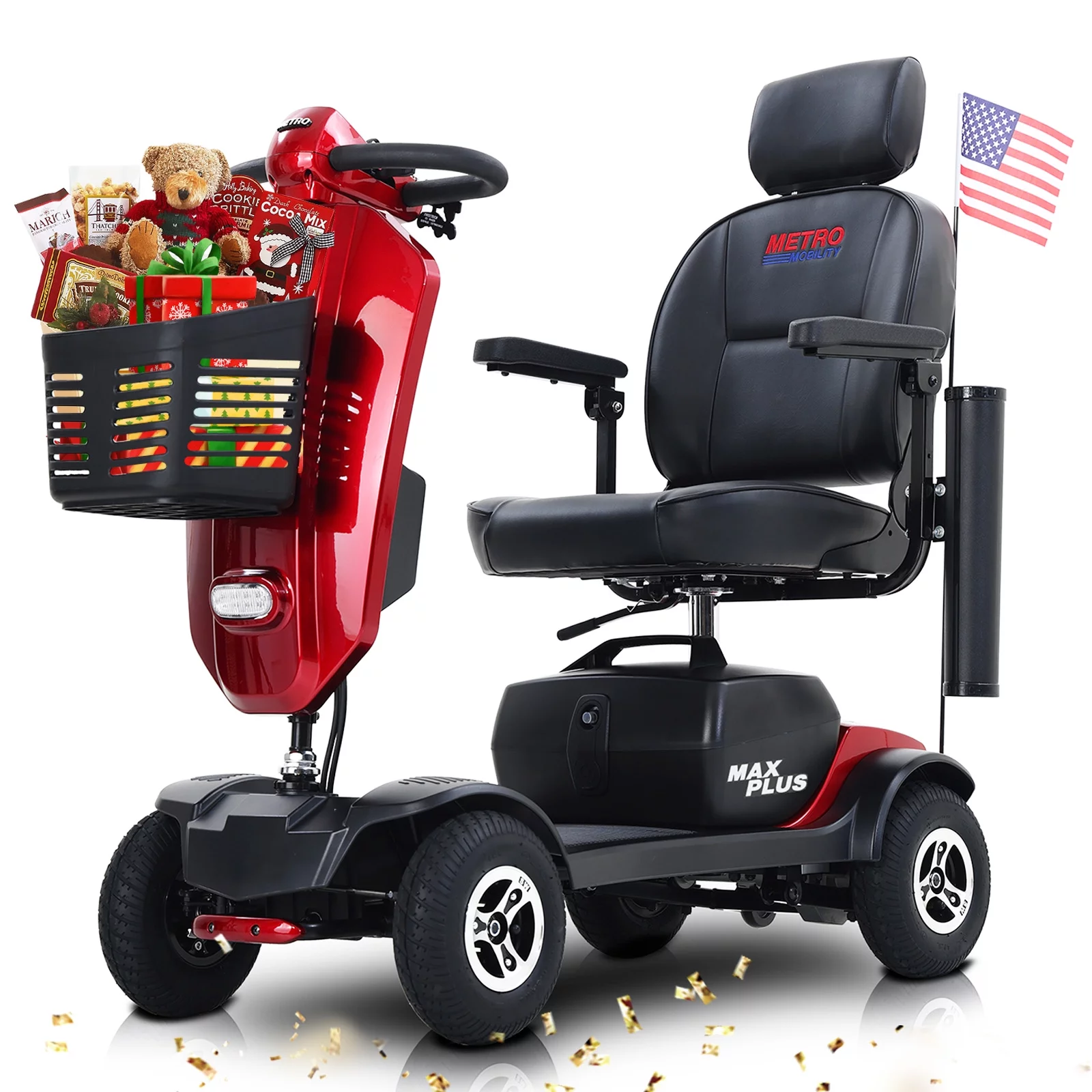 Mobility Scooter 4 Wheels LED Lights USB Port Extra Long Range for Seniors Adults Red - Womvr