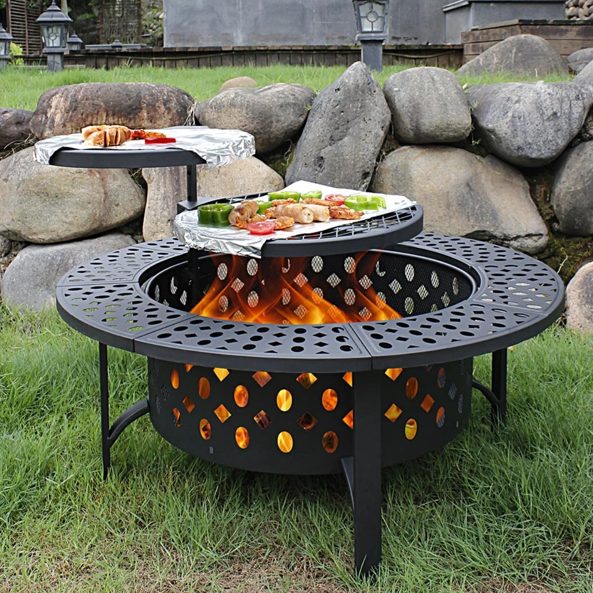 36 Inch Fire Pit with 2 Grills, Wood Burning Fire Pits for Outside with Lid, Poker and Round Waterproof Cover, BBQ& Outdoor Firepit & Round Metal Table 3 in 1 for Patio, Picnic, Party - Womvr