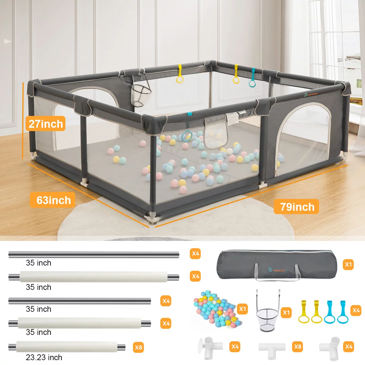 Baby Playpen, 36x36x27inch Portable Soft Mesh Sturdy Pipe Ample Space for Toddler, Gray - Womvr