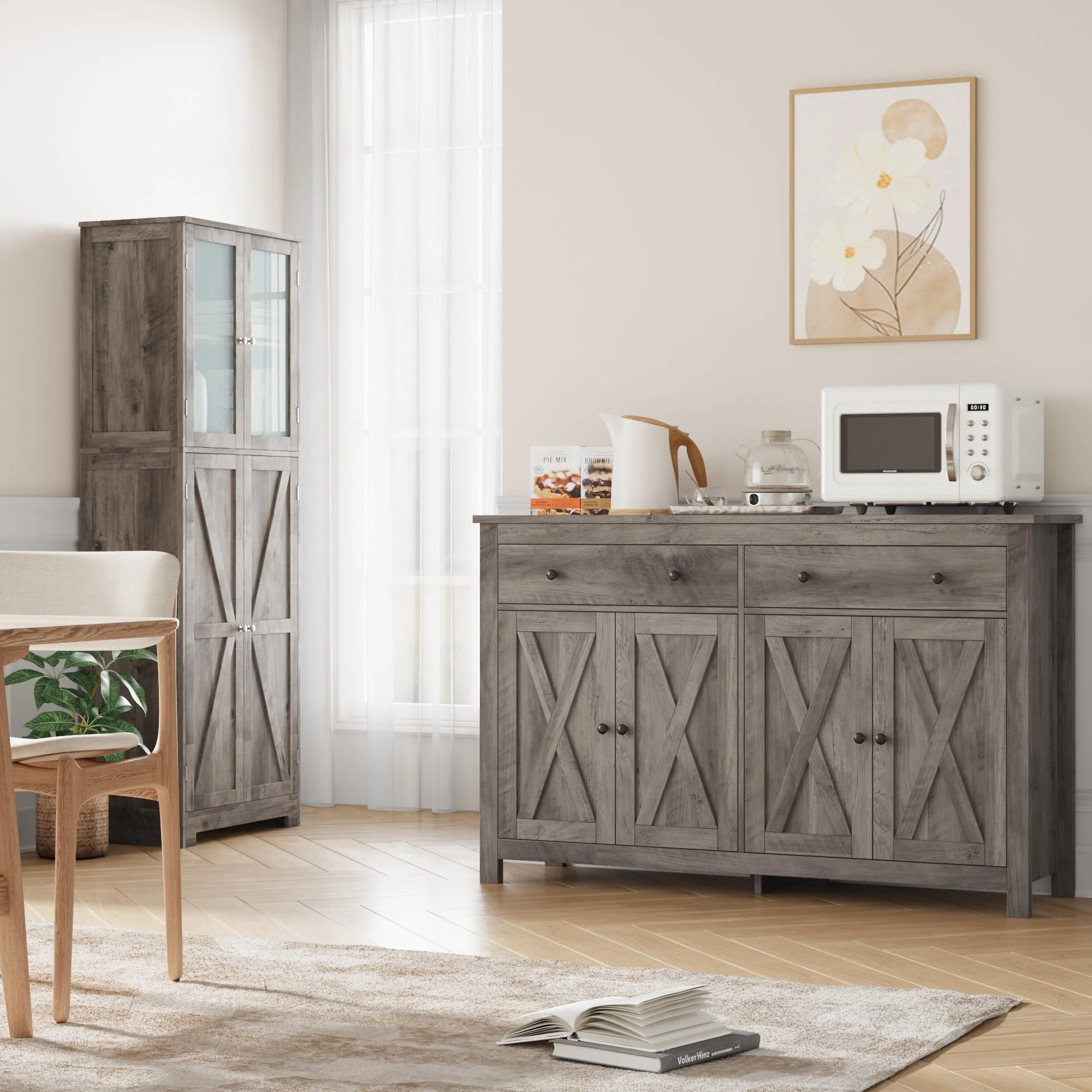 Homfa 4-Doors 2-Drawers Farmhouse Storage Cabinet, Wood Sideboard with Adjustable Shelves for Kitchen Dining Room, White - Womvr