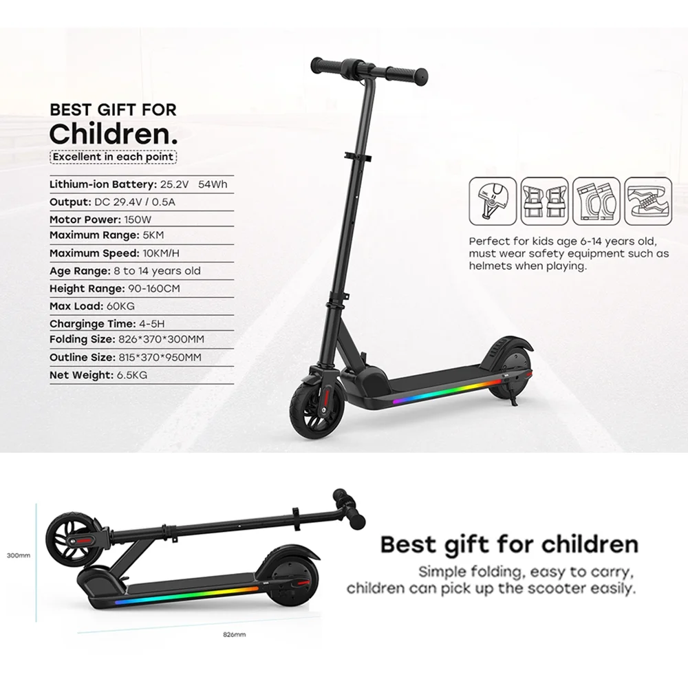 Electric Scooter for Kids, Foldable Scooter with Colourful Rainbow Light and LED Display, Adjustable Speed and Height Black - Womvr