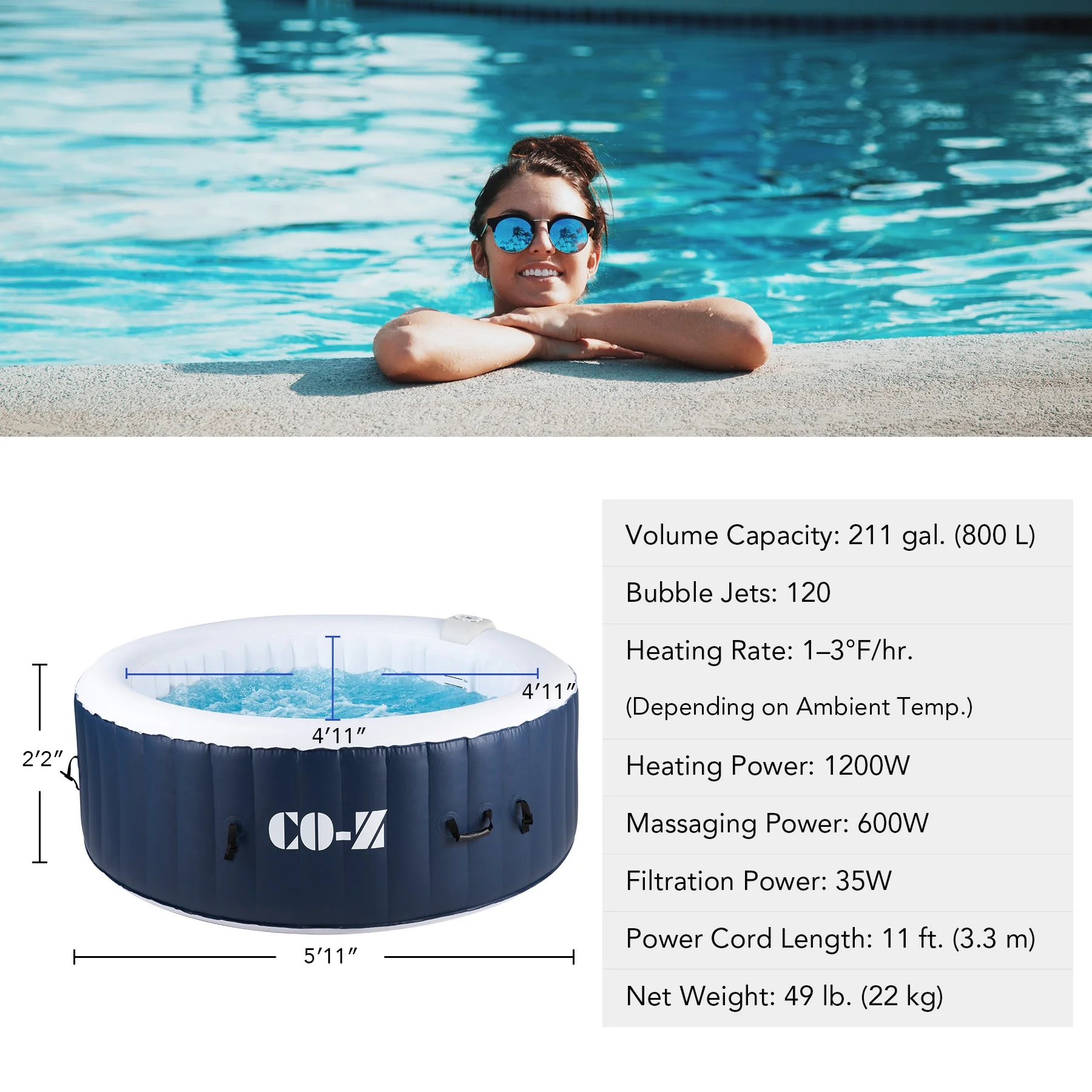 CO-Z 4-6 Person 7' Blow-Up Hot Tub with 130 Air Jets Cover Electric Pump Portable Pool, Gray - Womvr