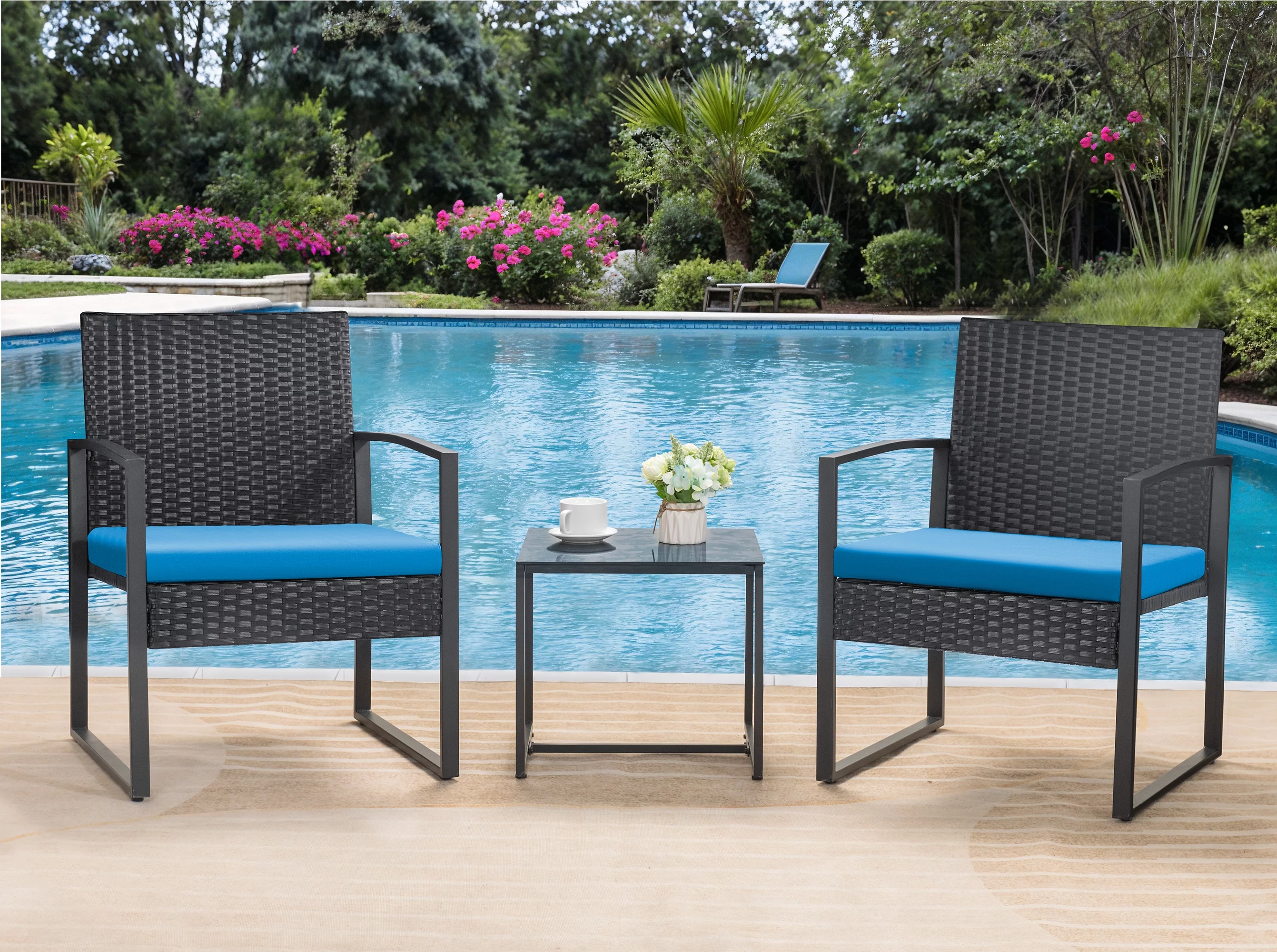 Homall Patio Furniture 3-Piece Set Casual Wicker Chair Bistro Chair with Coffee Table, Black - Womvr