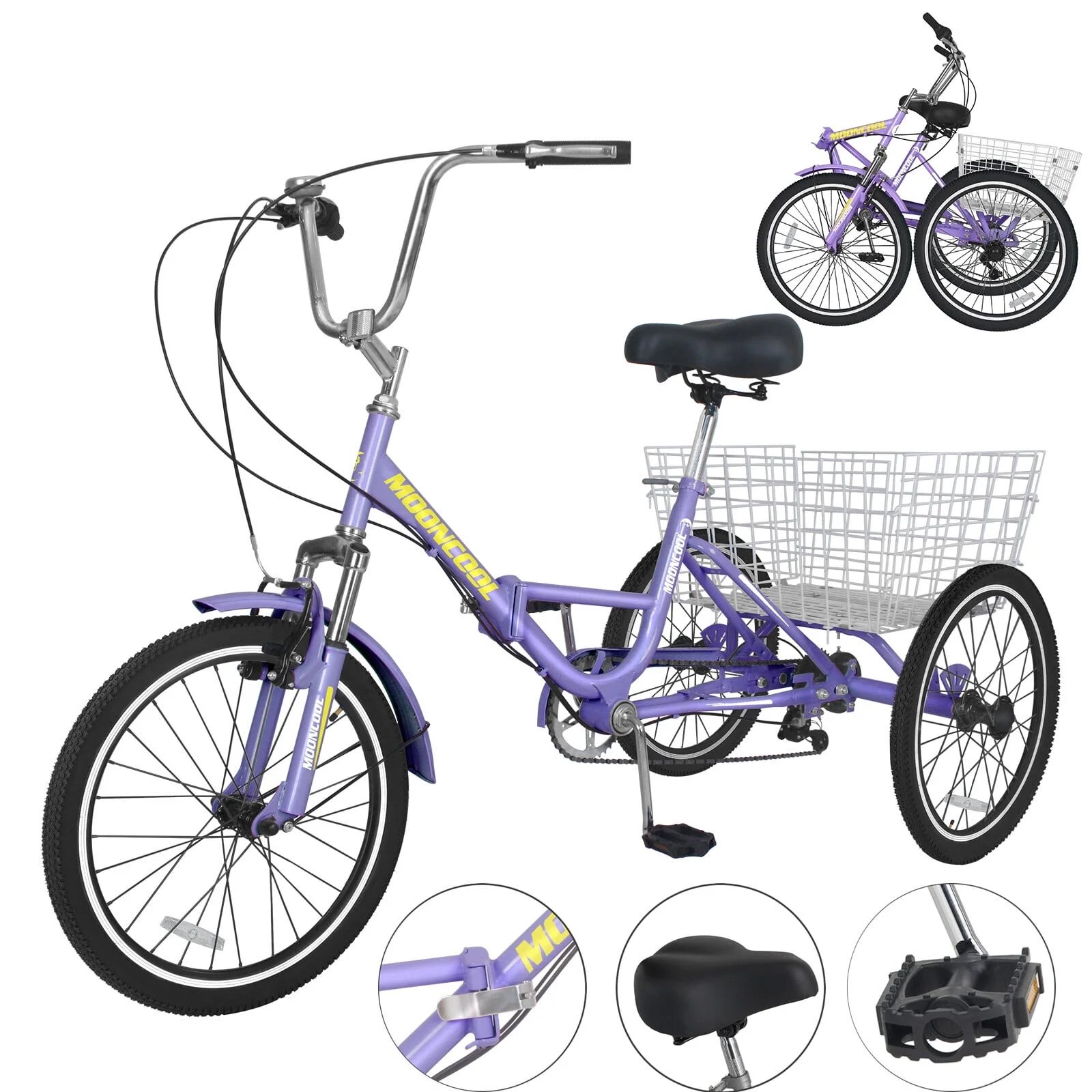 MOPHOTO 20/24/26 inch Adult Tricycle Folding 3 Wheel Cruiser Bikes 7 Speed, Portable and Foldable Trikes with Cargo Basket for Men & Women Outdoor Cycling, Purple - Womvr