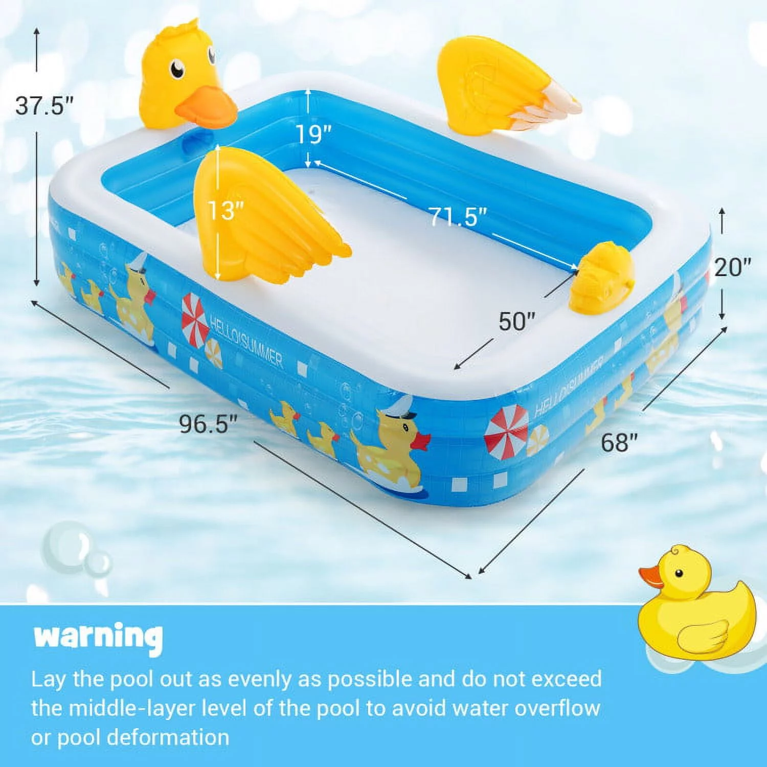 Inflatable Swimming Pool Duck Themed Kiddie Pools with Sprinkler for Age Over 3-Blue - Womvr