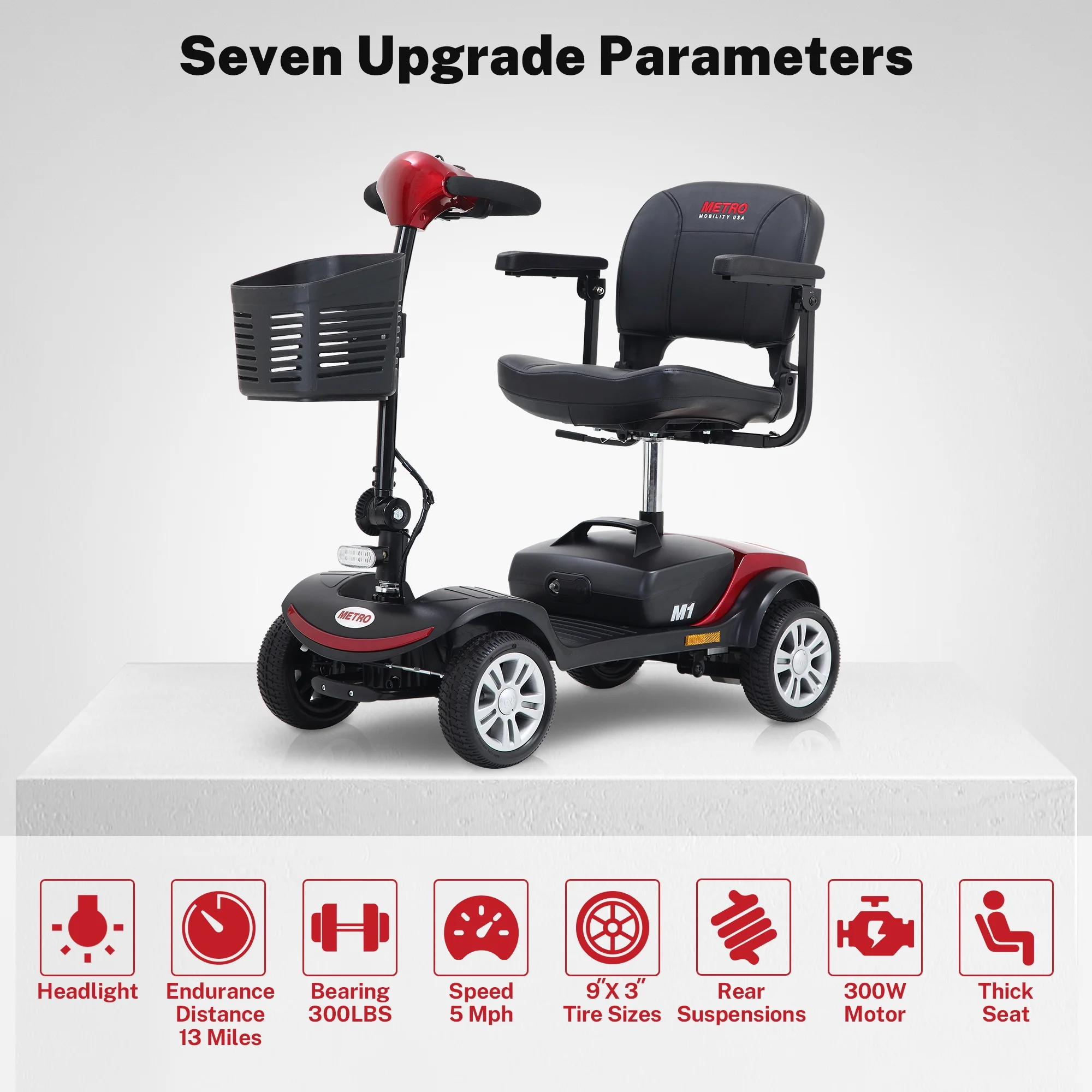 Segmart Mobility Scooter for Elderly, Durable Heavy Duty 4 Wheel Seniors Mobile Device with Lights, 300lbs, Red - Womvr